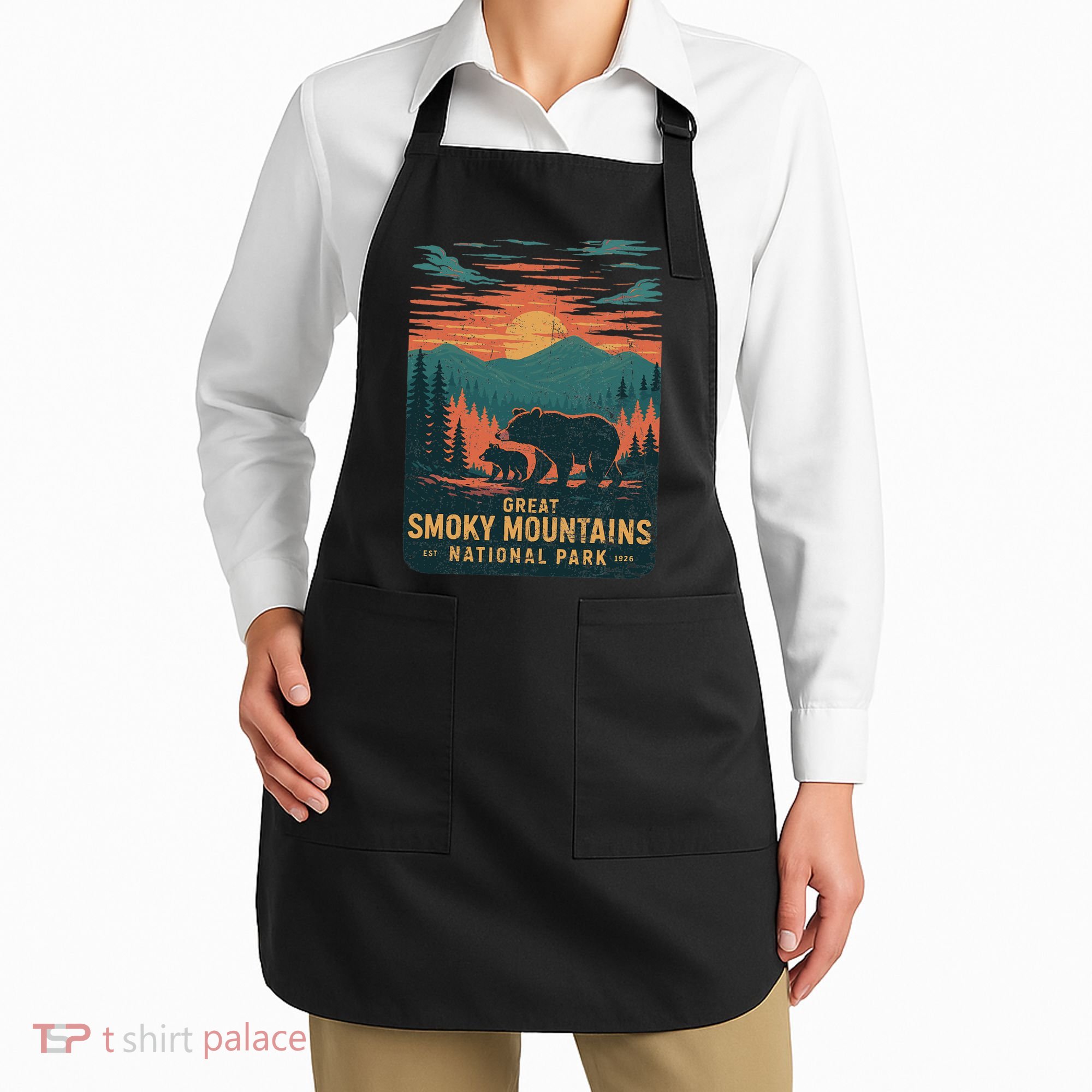 Great Smoky Mountains Bear Nature Retro Sunset Apron