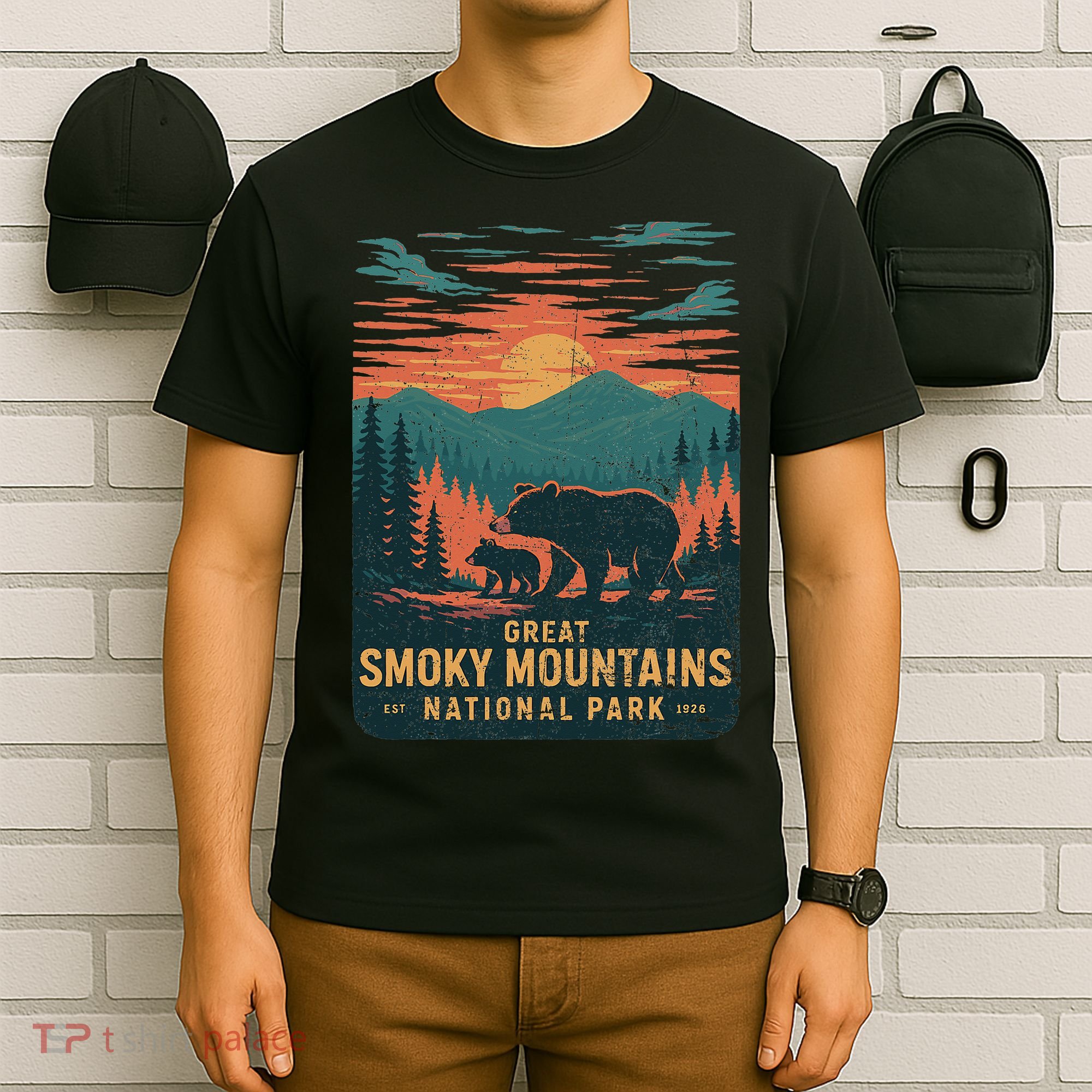 Great Smoky Mountains Bear Nature Retro Sunset T-Shirt