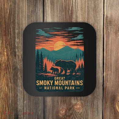 Great Smoky Mountains Bear Nature Retro Sunset Coaster