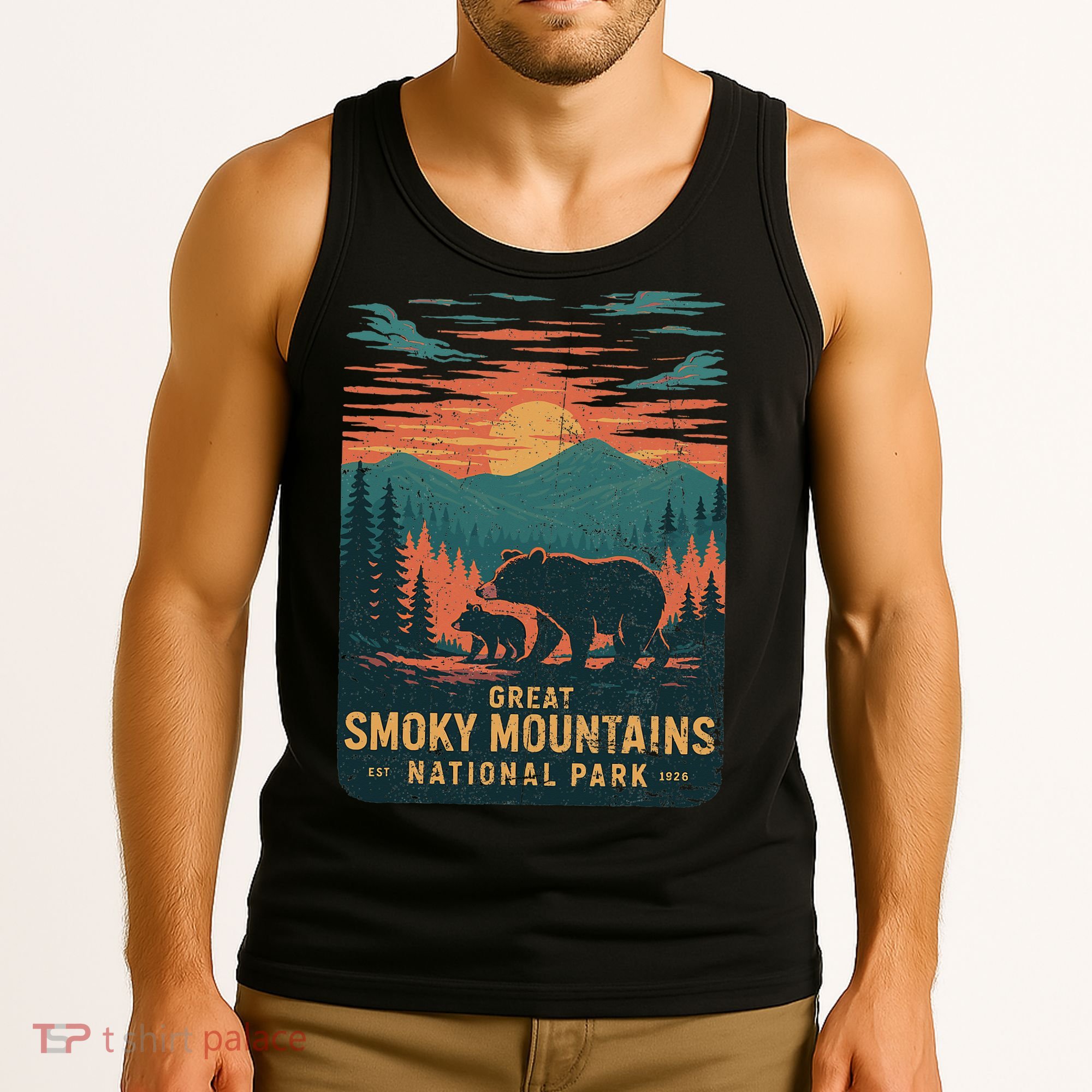 Great Smoky Mountains Bear Nature Retro Sunset Tank Top