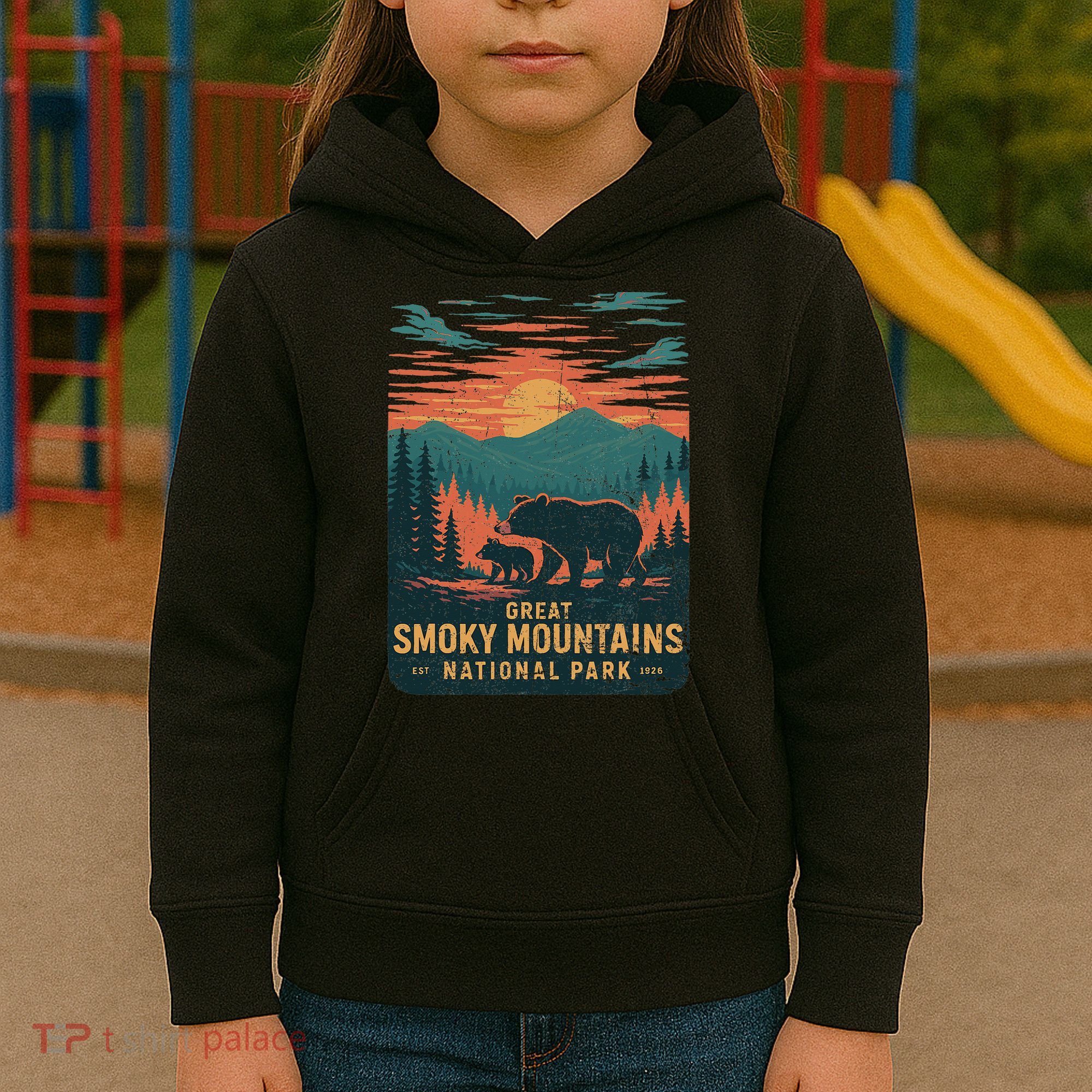 Great Smoky Mountains Bear Nature Retro Sunset Kids Hoodie