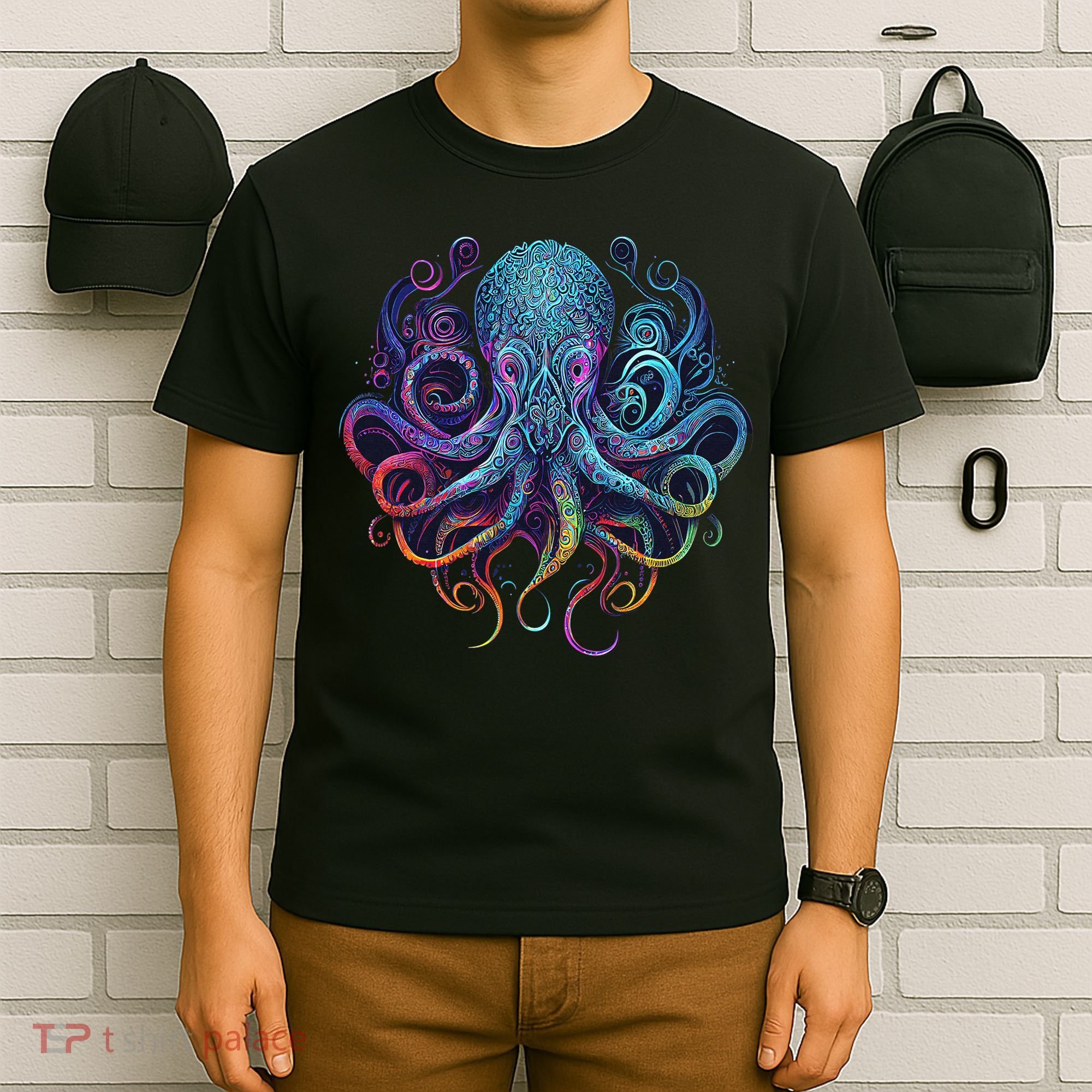 Geometric Squid Octopus Kraken Colorful Abstract Rainbow  T-Shirt