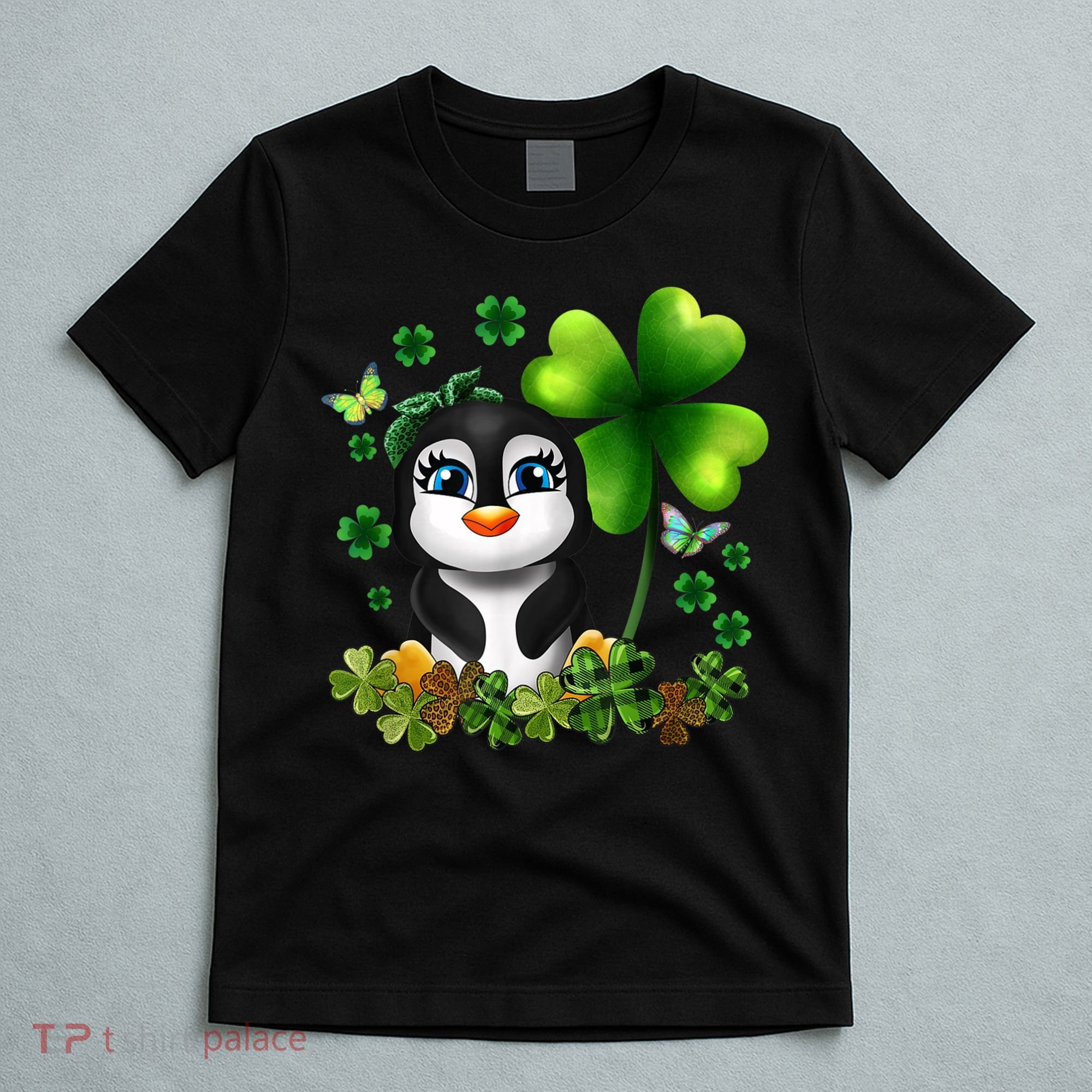Girls St Patricks Day Gift For Penguin Kids Green Shamrock Women Gift T-Shirt