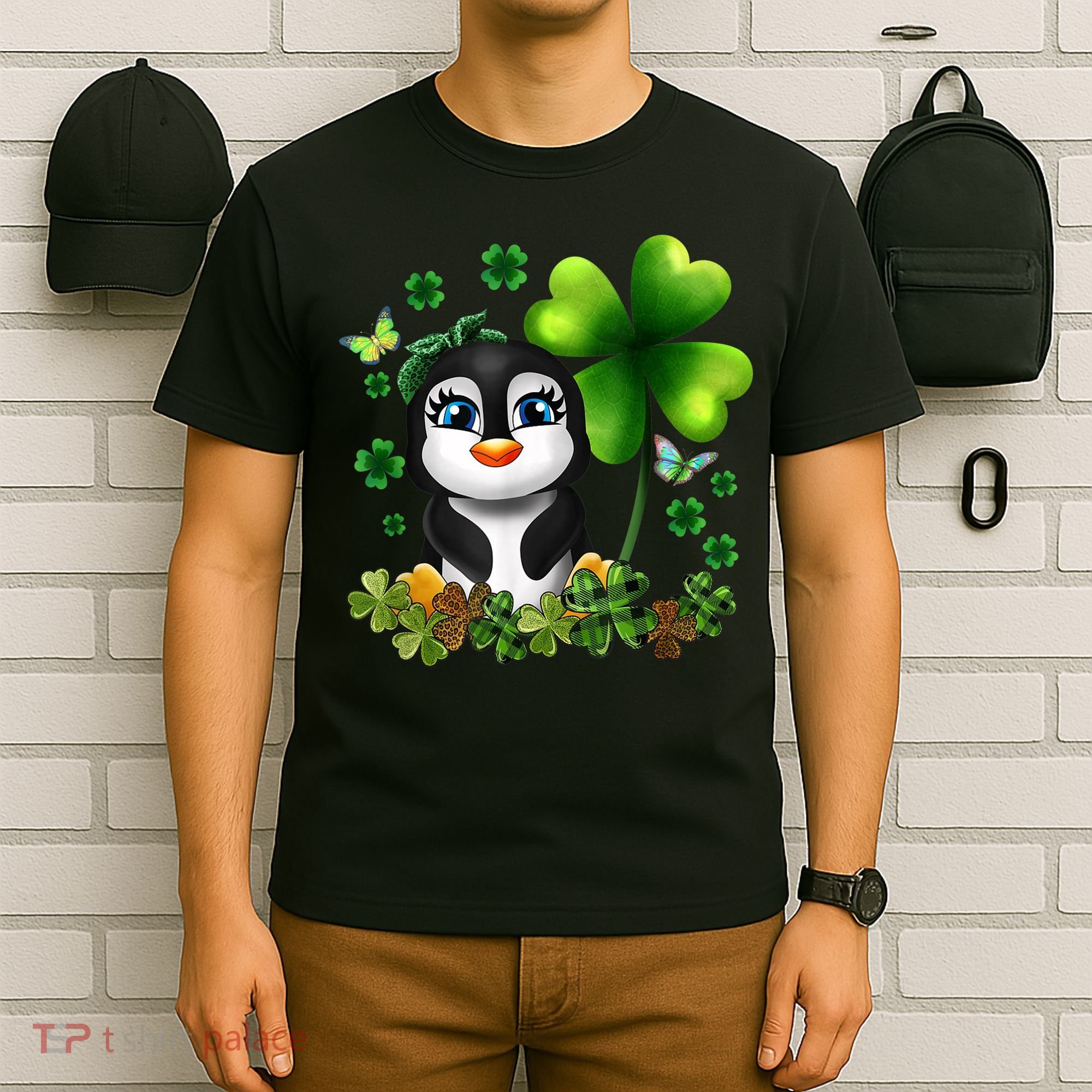 Girls St Patricks Day Gift For Penguin Kids Green Shamrock Women Gift T-Shirt