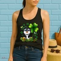 Girls St Patricks Day Gift For Penguin Kids Green Shamrock Women Gift Women's Tank Top thumb 2