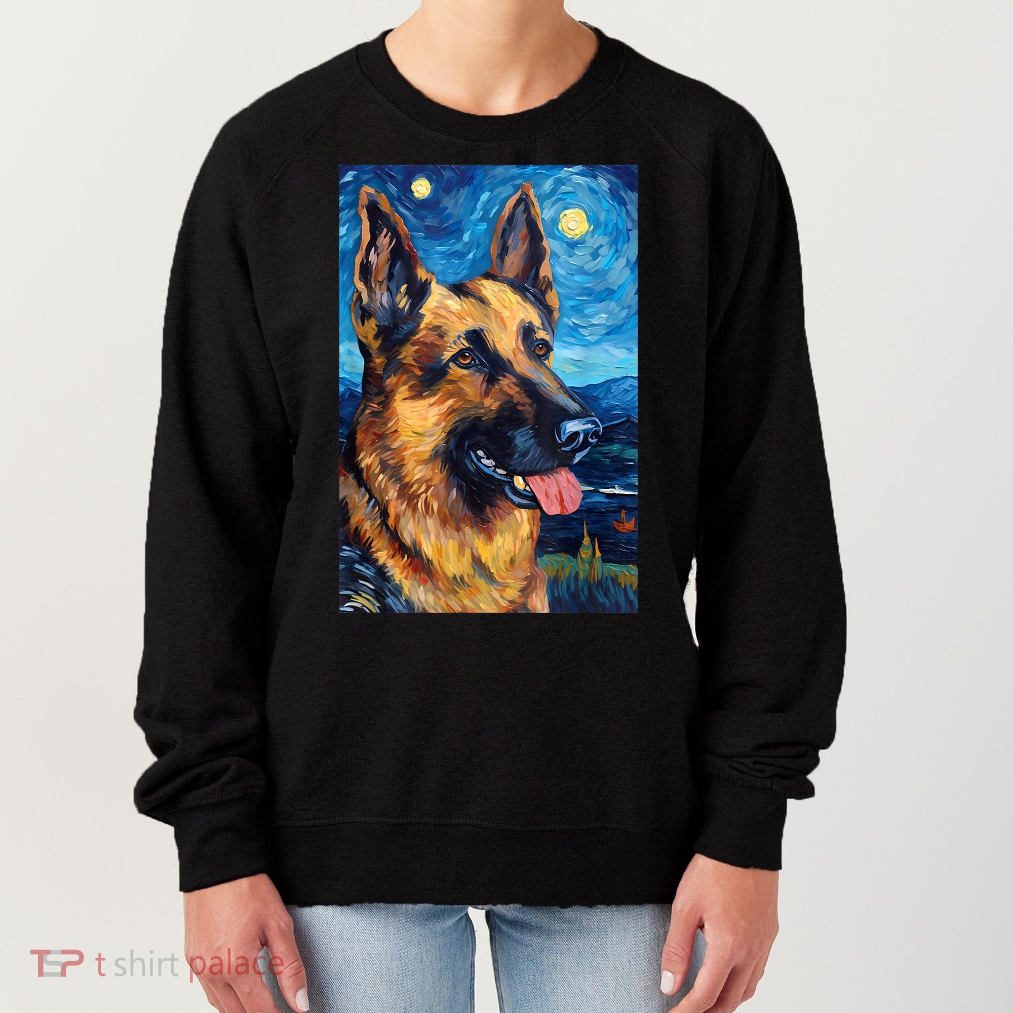 German Shepherd Painting Art Starry Night Sky Dog Van Gogh Women's Sweatshirt