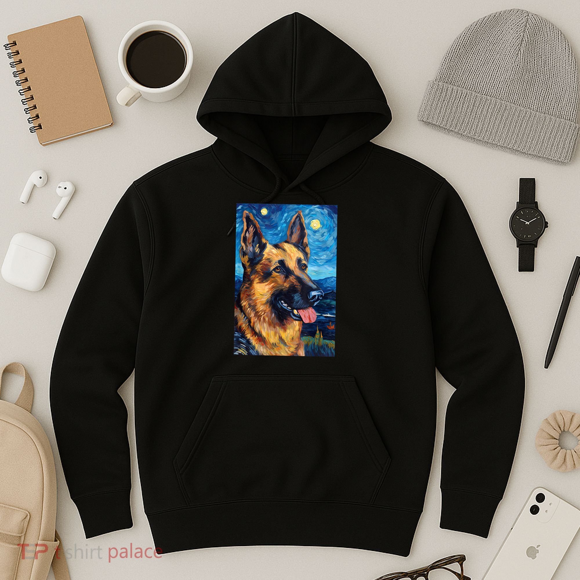German Shepherd Painting Art Starry Night Sky Dog Van Gogh Hoodie