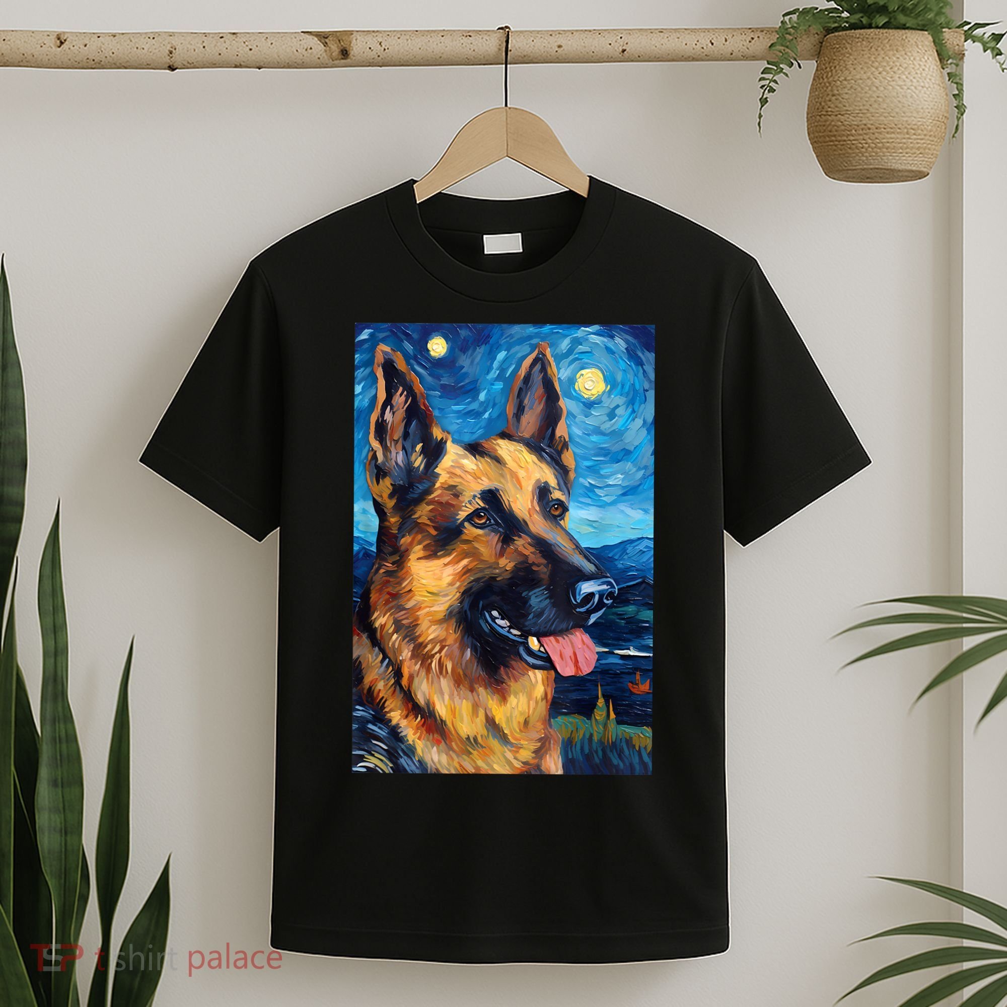 German Shepherd Painting Art Starry Night Sky Dog Van Gogh T-Shirt