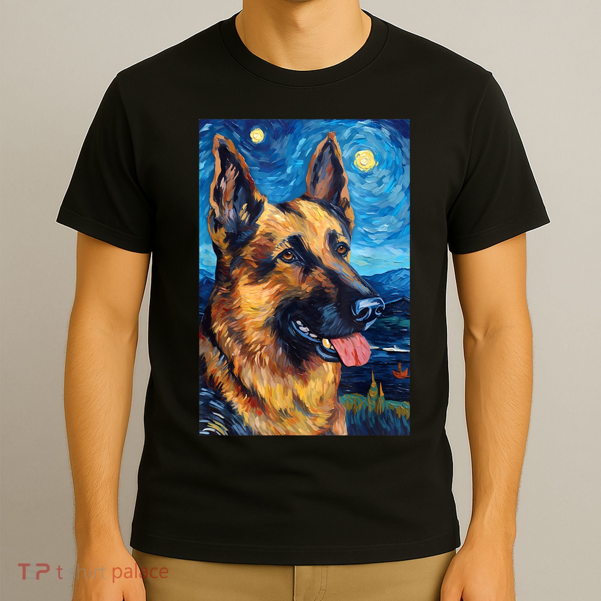 German Shepherd Painting Art Starry Night Sky Dog Van Gogh T-Shirt
