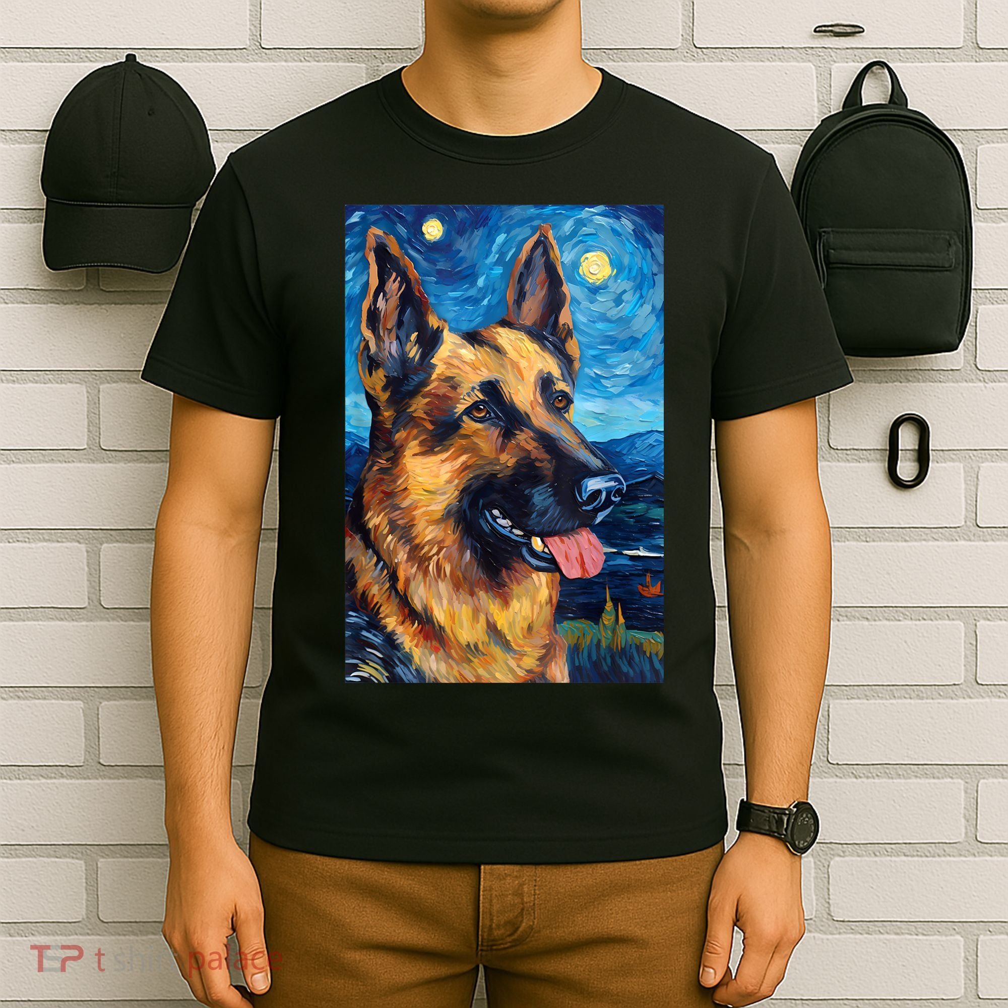 German Shepherd Painting Art Starry Night Sky Dog Van Gogh T-Shirt