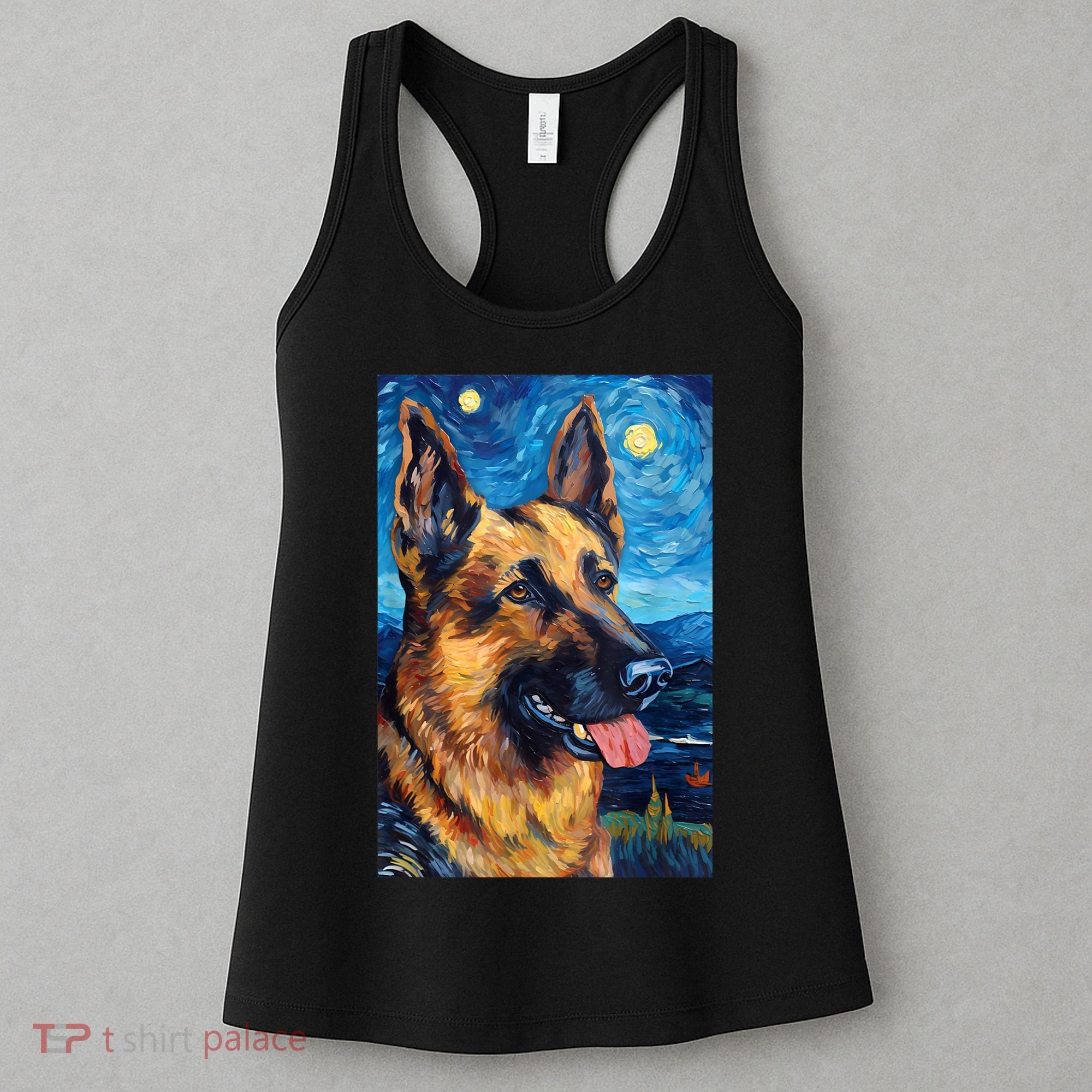 German Shepherd Painting Art Starry Night Sky Dog Van Gogh Women's Tank Top
