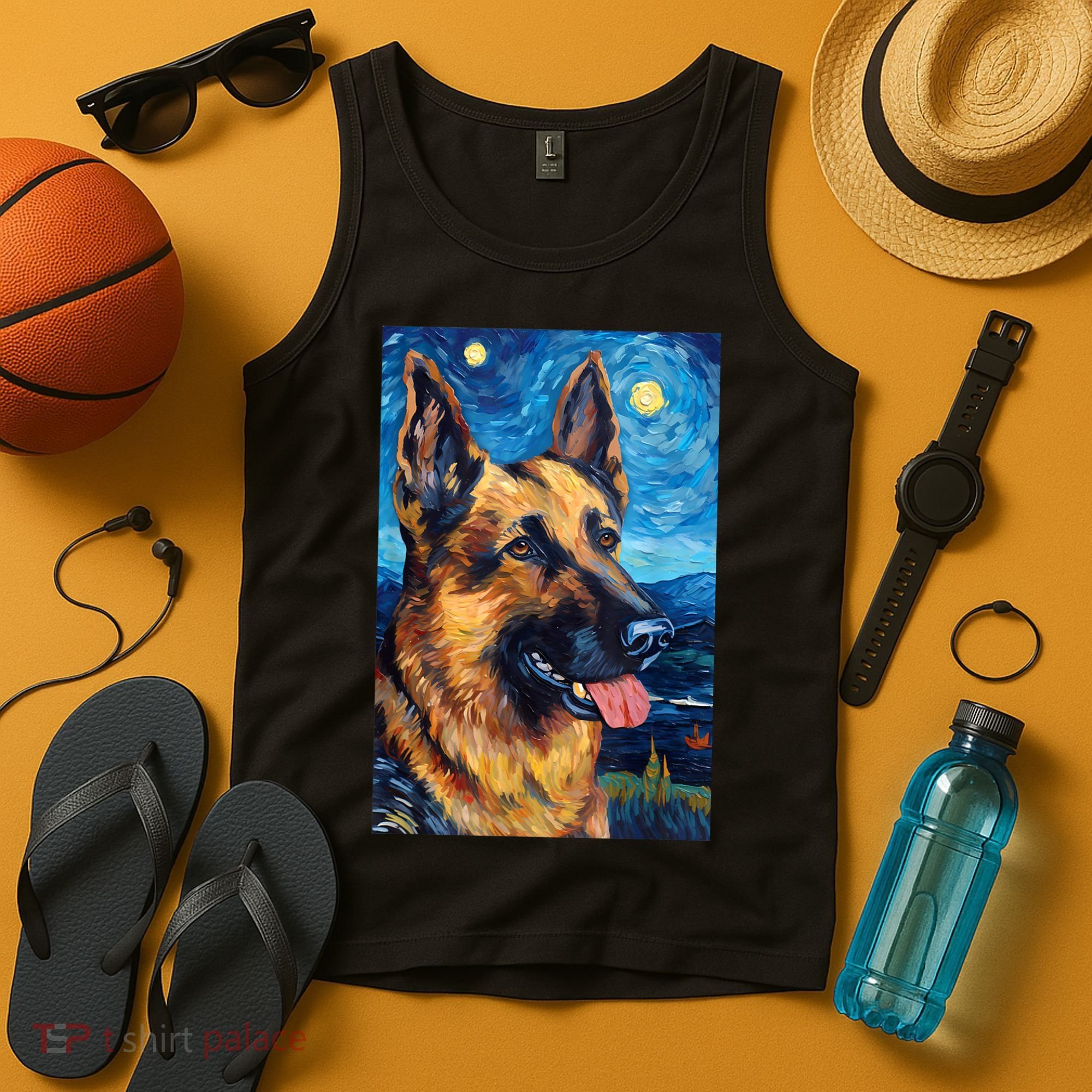 German Shepherd Painting Art Starry Night Sky Dog Van Gogh Tank Top