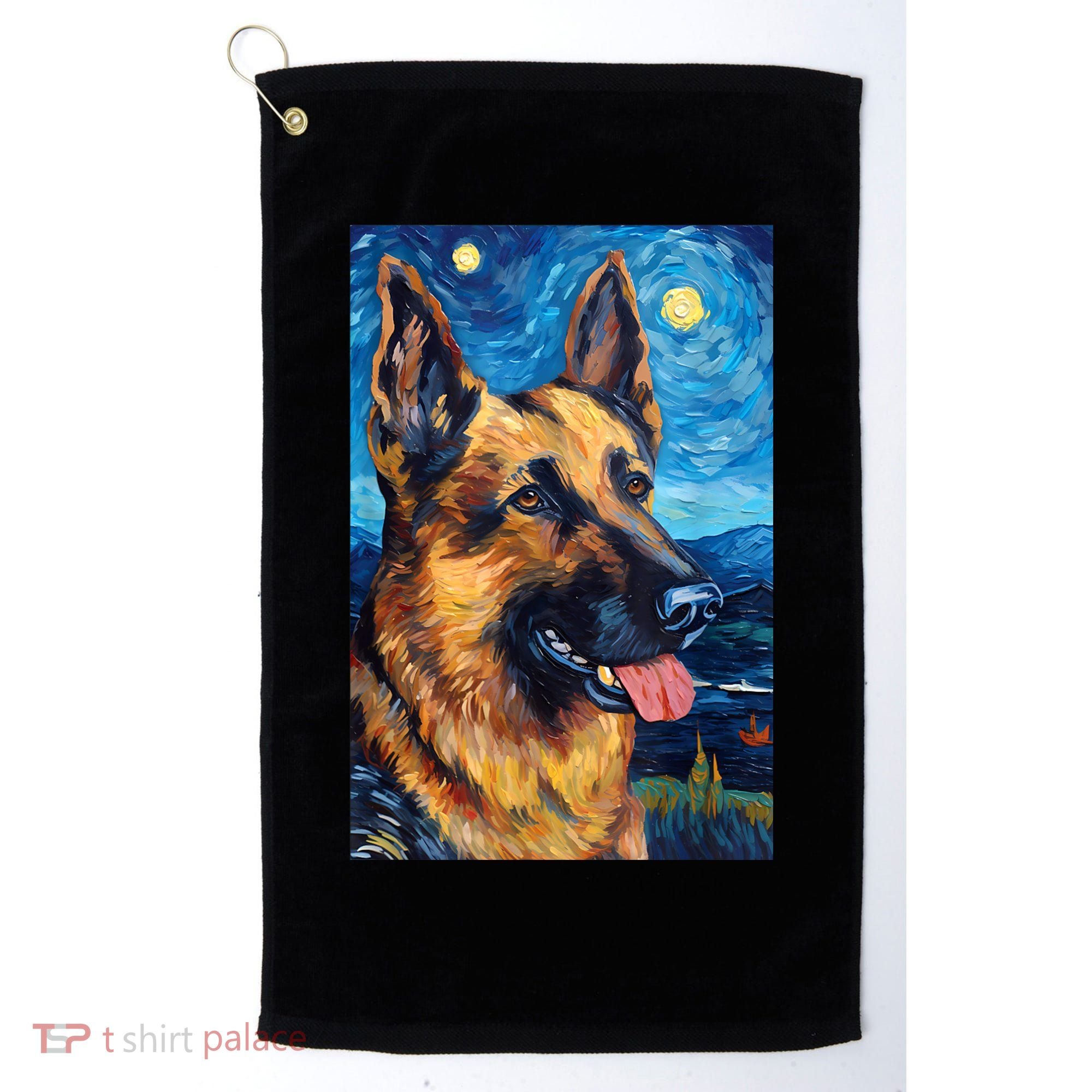 German Shepherd Painting Art Starry Night Sky Dog Van Gogh Golf Towel