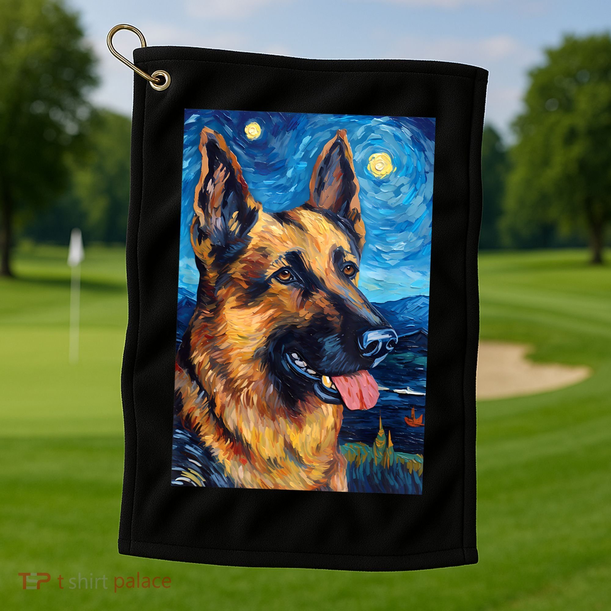 German Shepherd Painting Art Starry Night Sky Dog Van Gogh Golf Towel