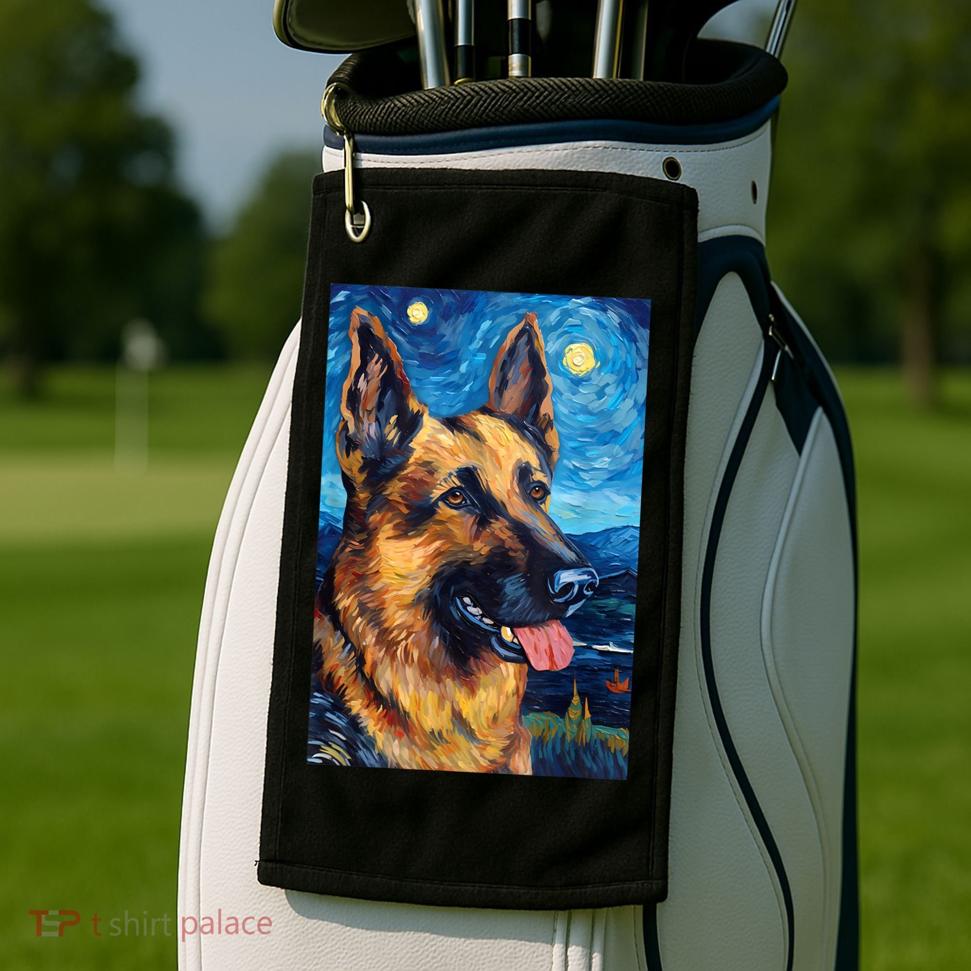 German Shepherd Painting Art Starry Night Sky Dog Van Gogh Golf Towel