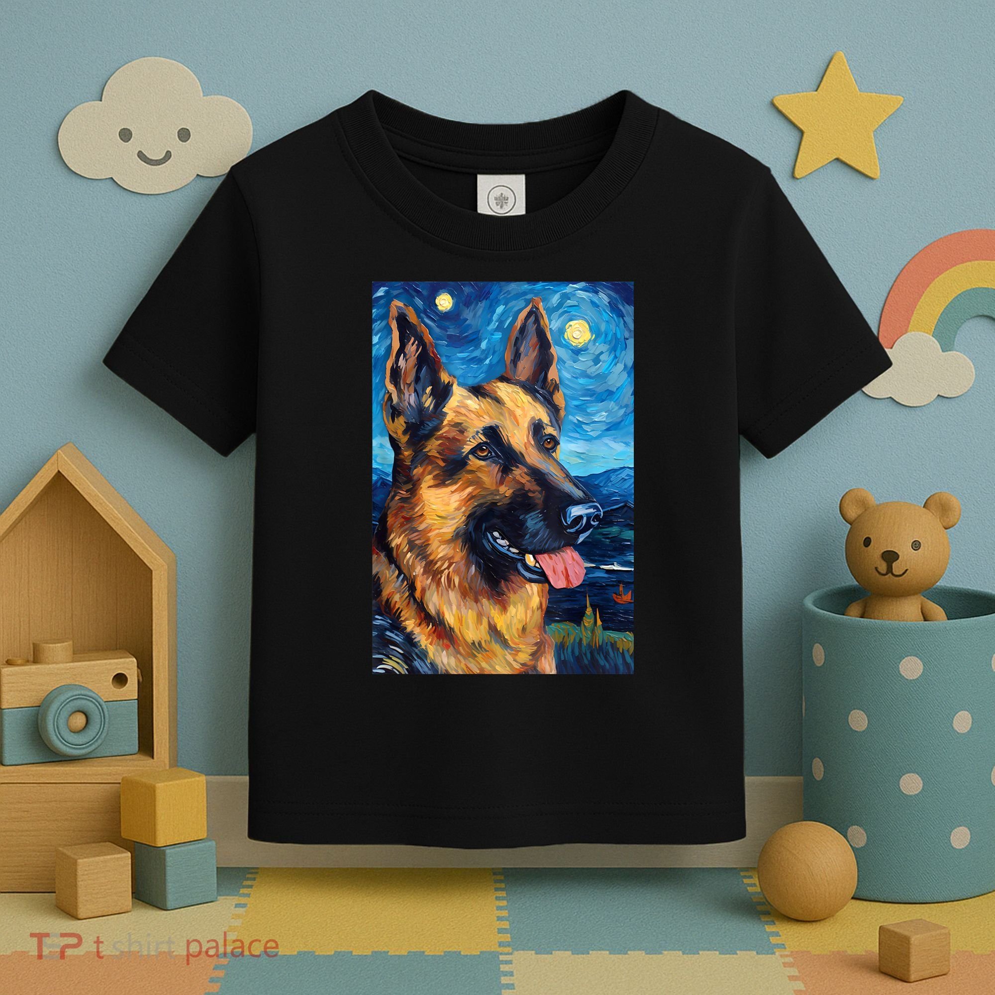 German Shepherd Painting Art Starry Night Sky Dog Van Gogh Toddler T-Shirt