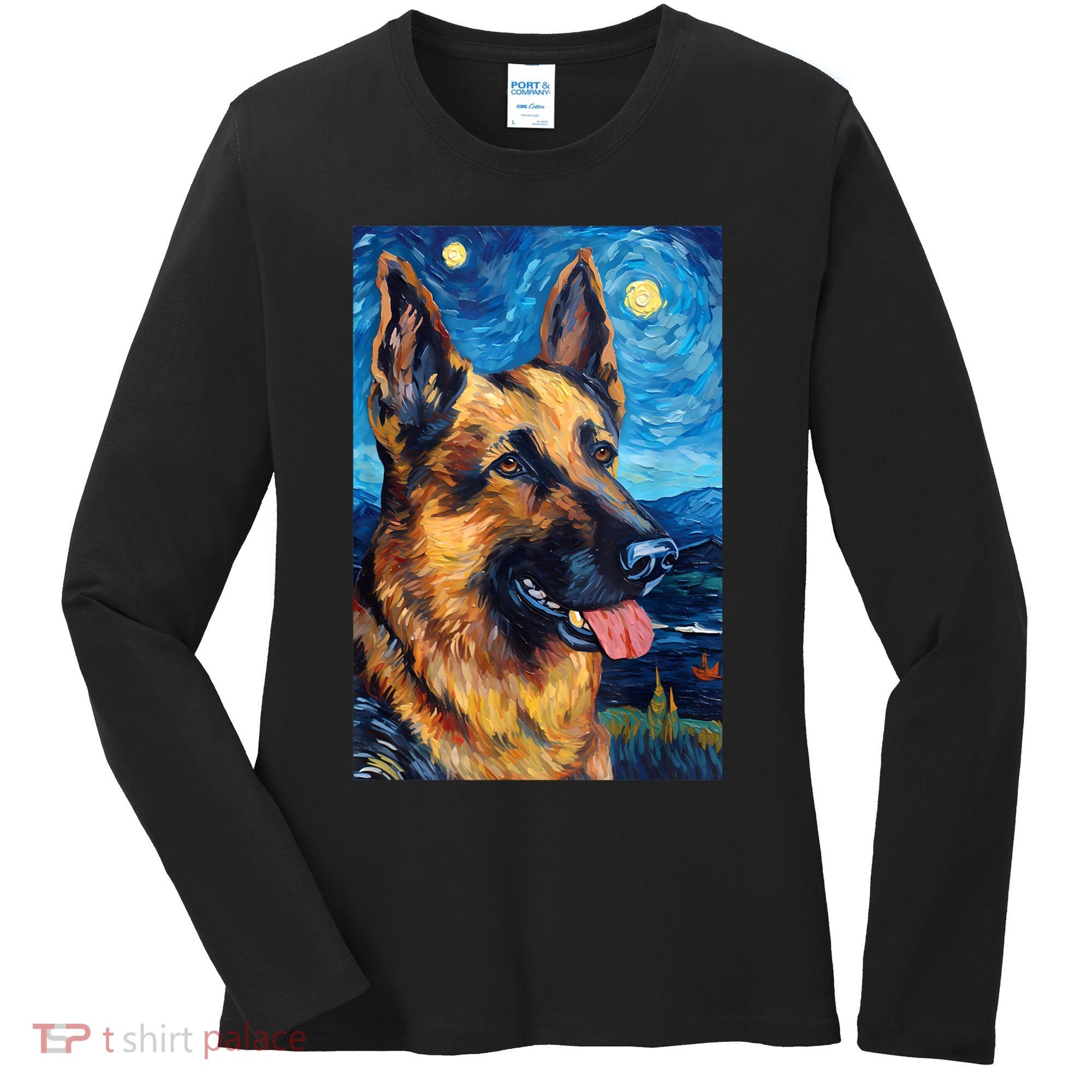 German Shepherd Painting Art Starry Night Sky Dog Van Gogh Women's Long Sleeve Shirt