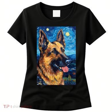 German Shepherd Painting Art Starry Night Sky Dog Van Gogh Women's T-Shirt