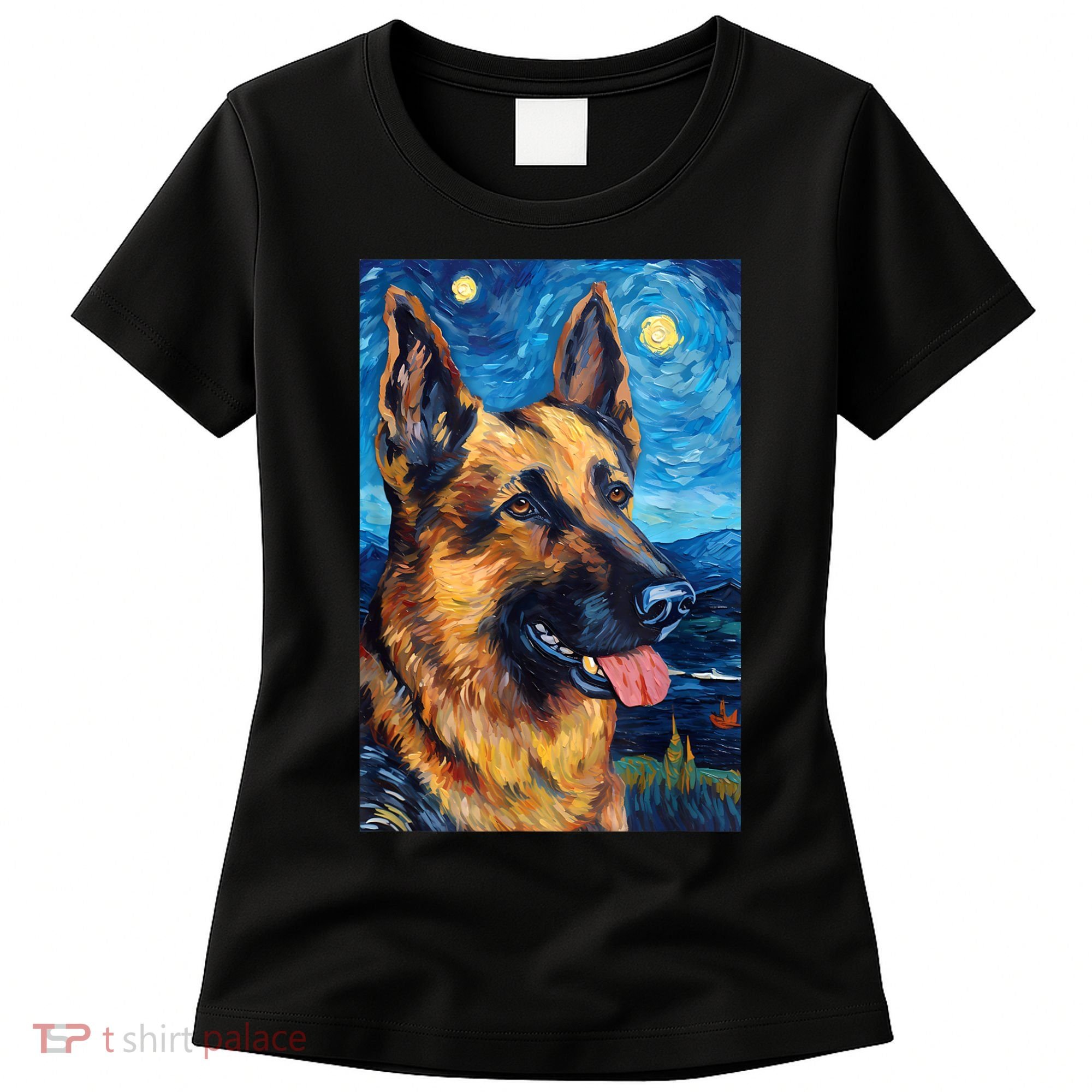 German Shepherd Painting Art Starry Night Sky Dog Van Gogh Women's T-Shirt