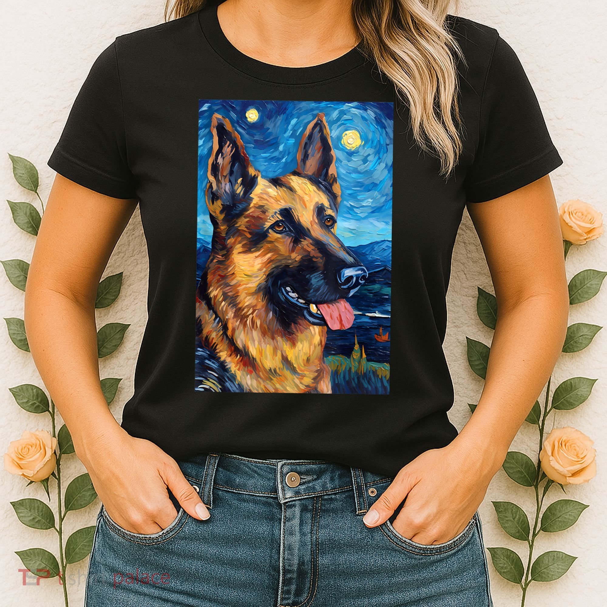 German Shepherd Painting Art Starry Night Sky Dog Van Gogh Women's T-Shirt