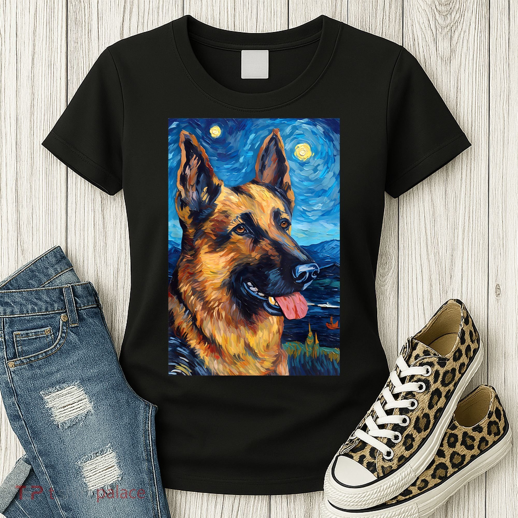 German Shepherd Painting Art Starry Night Sky Dog Van Gogh Women's T-Shirt