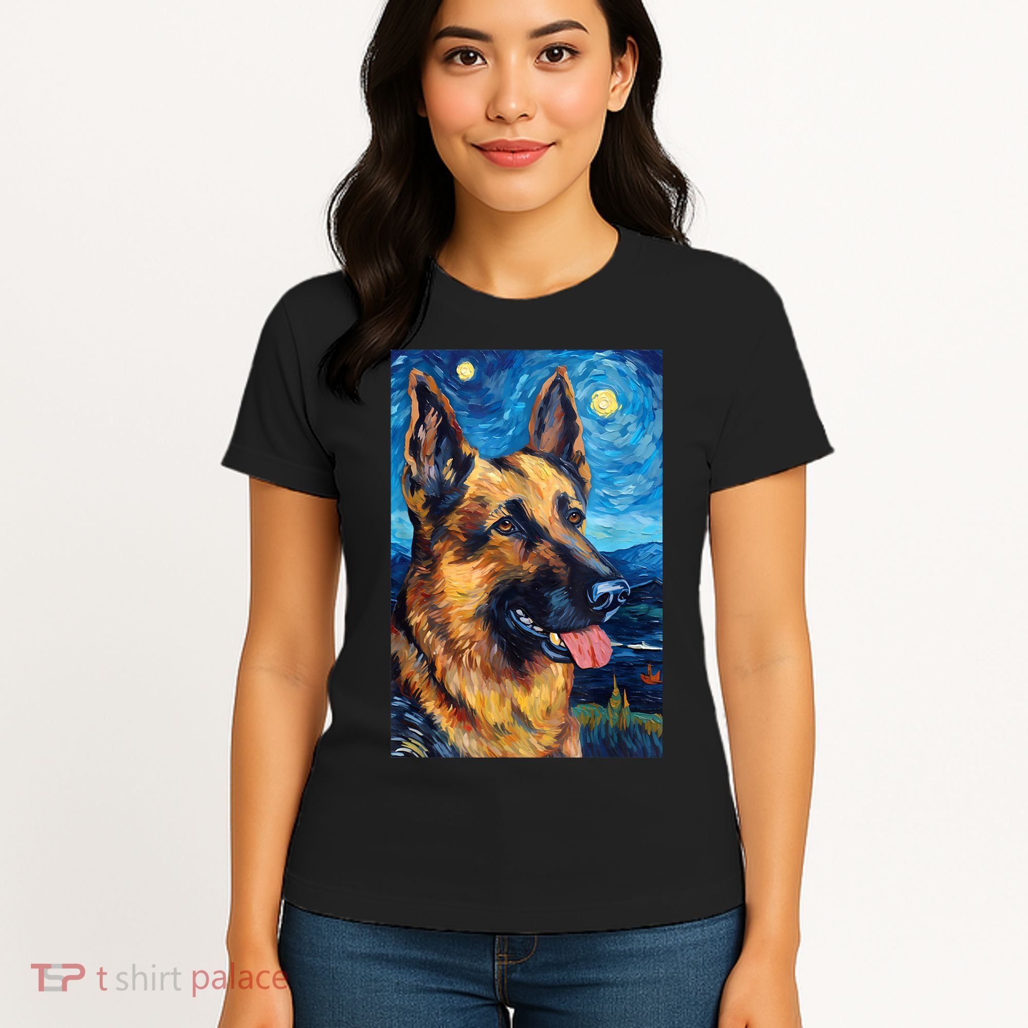 German Shepherd Painting Art Starry Night Sky Dog Van Gogh Women's T-Shirt
