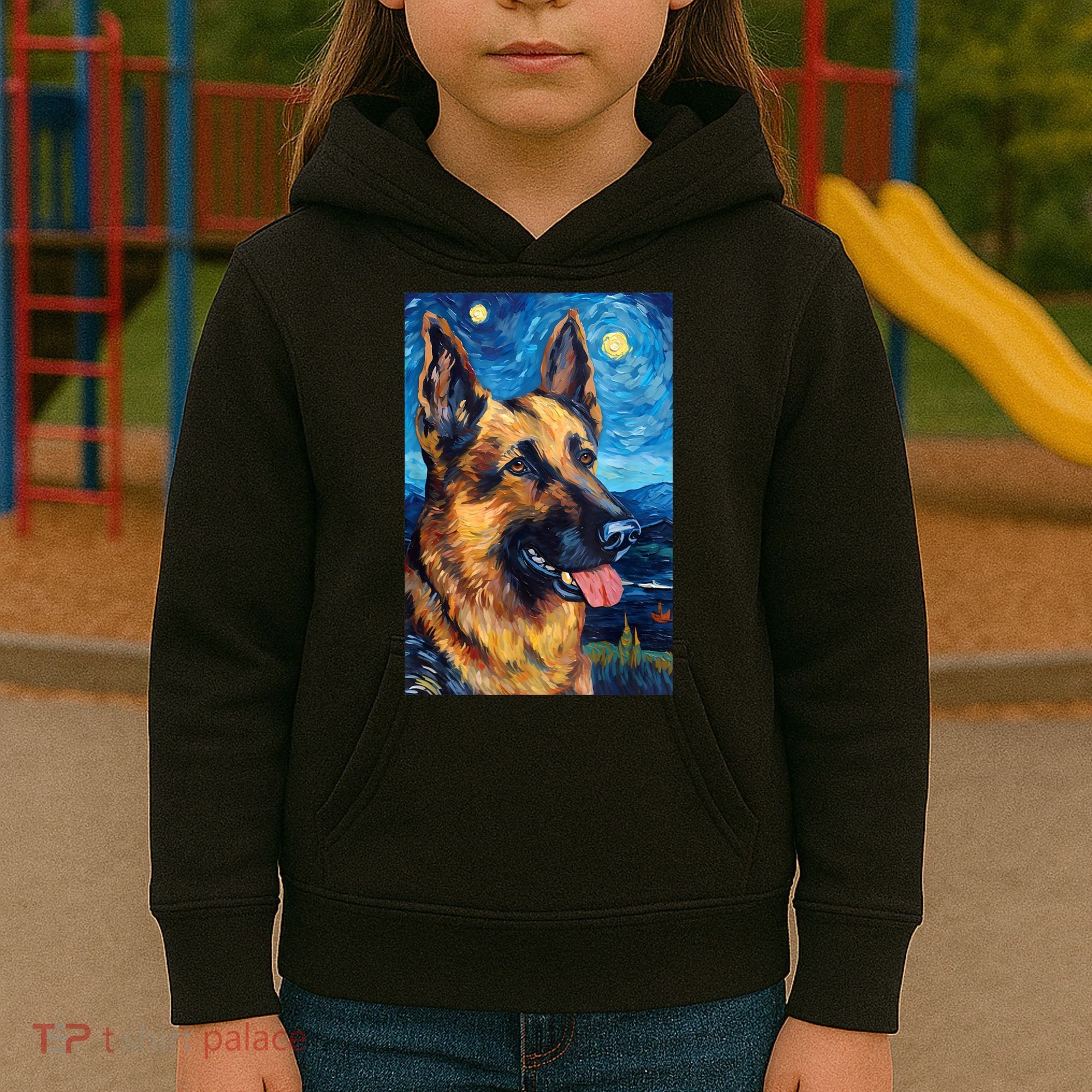 German Shepherd Painting Art Starry Night Sky Dog Van Gogh Kids Hoodie