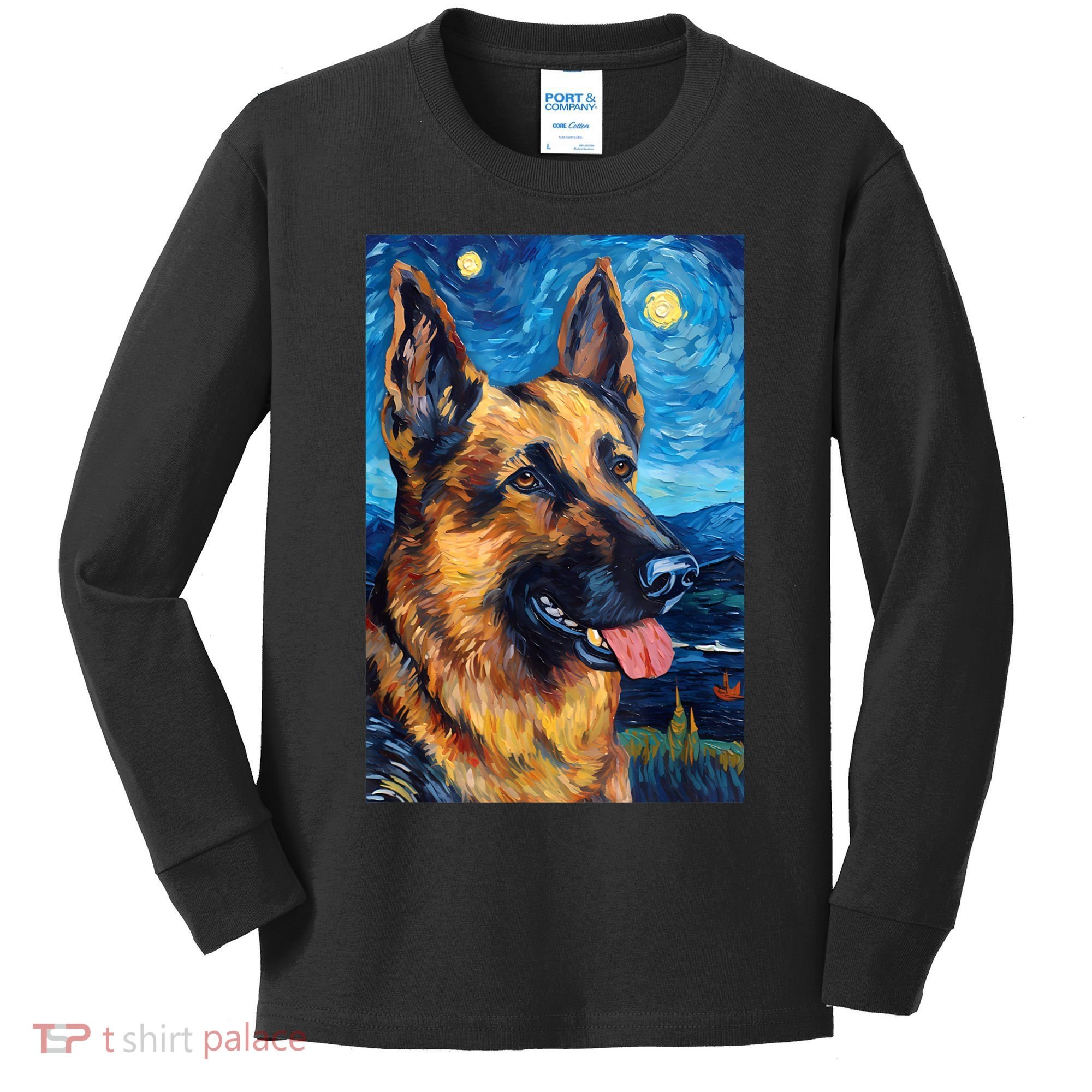 German Shepherd Painting Art Starry Night Sky Dog Van Gogh Kids Long Sleeve Shirt