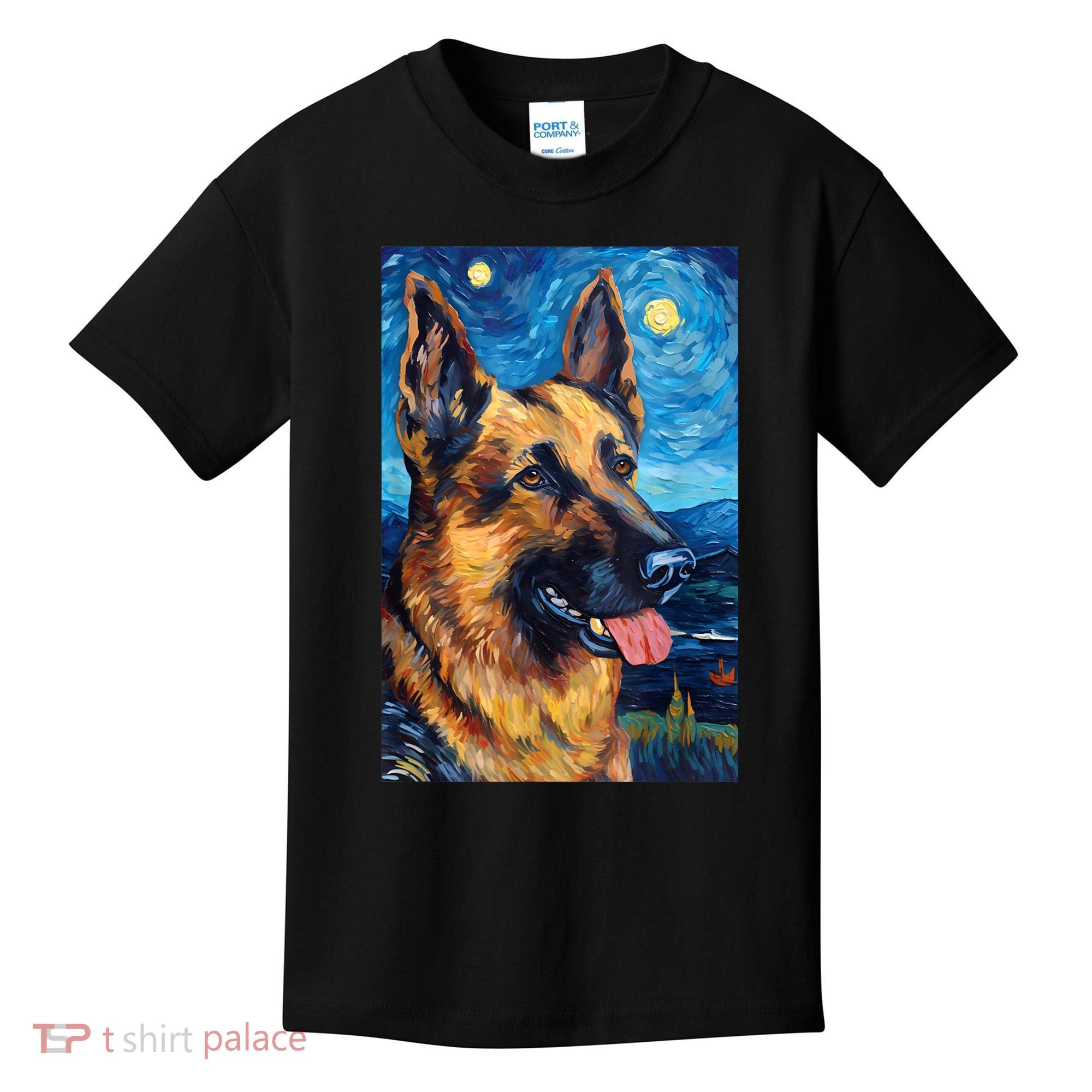 German Shepherd Painting Art Starry Night Sky Dog Van Gogh Kids T-Shirt