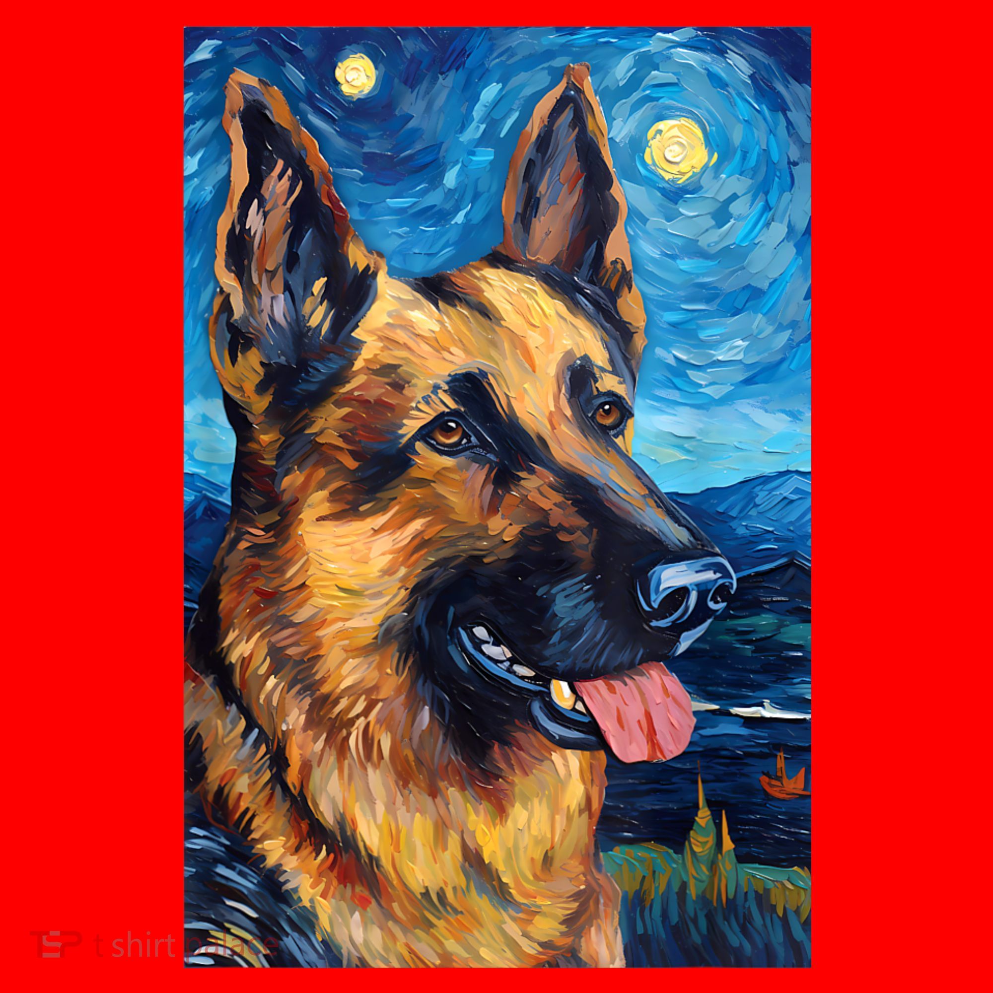 German Shepherd Painting Art Starry Night Sky Dog Van Gogh Santa Hat