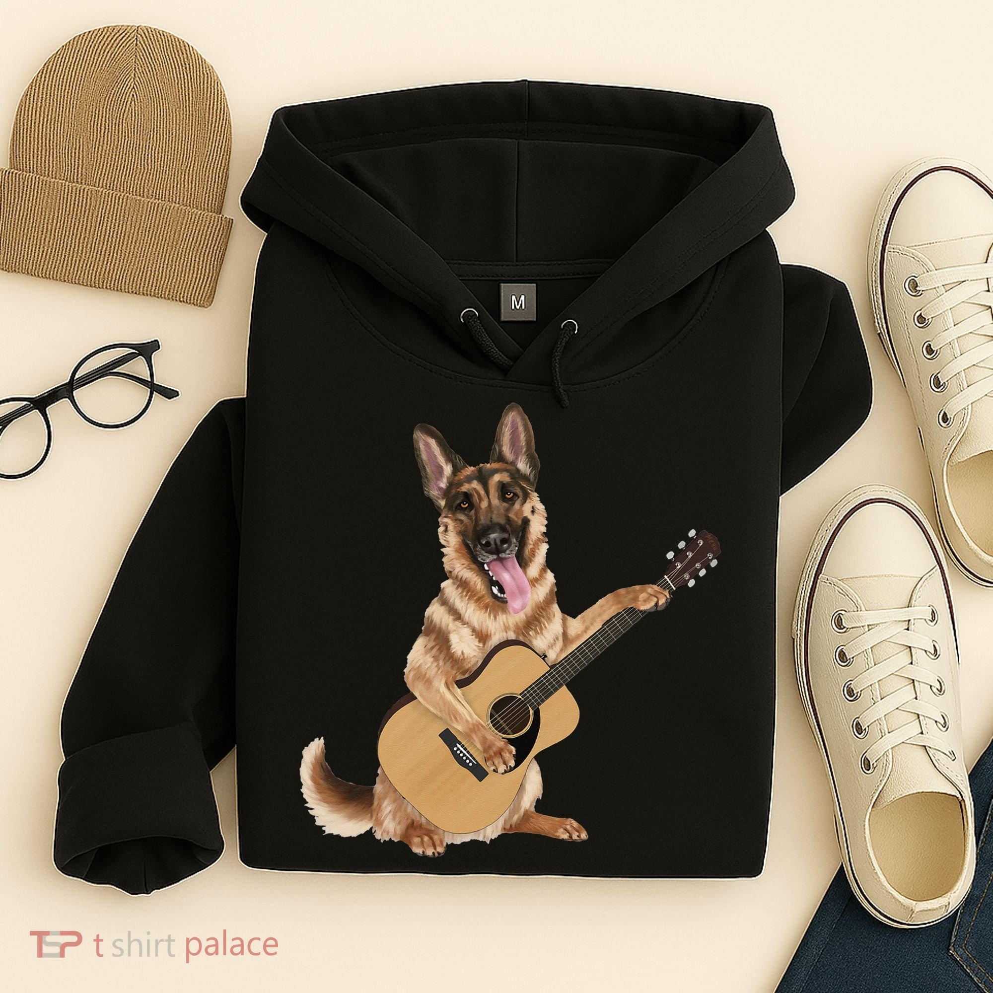 German Shepherd playing the acoustic guitar Hoodie