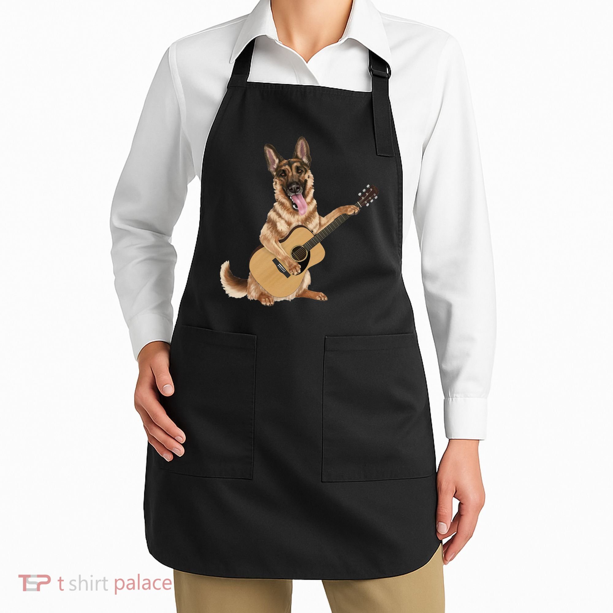 German Shepherd playing the acoustic guitar Apron