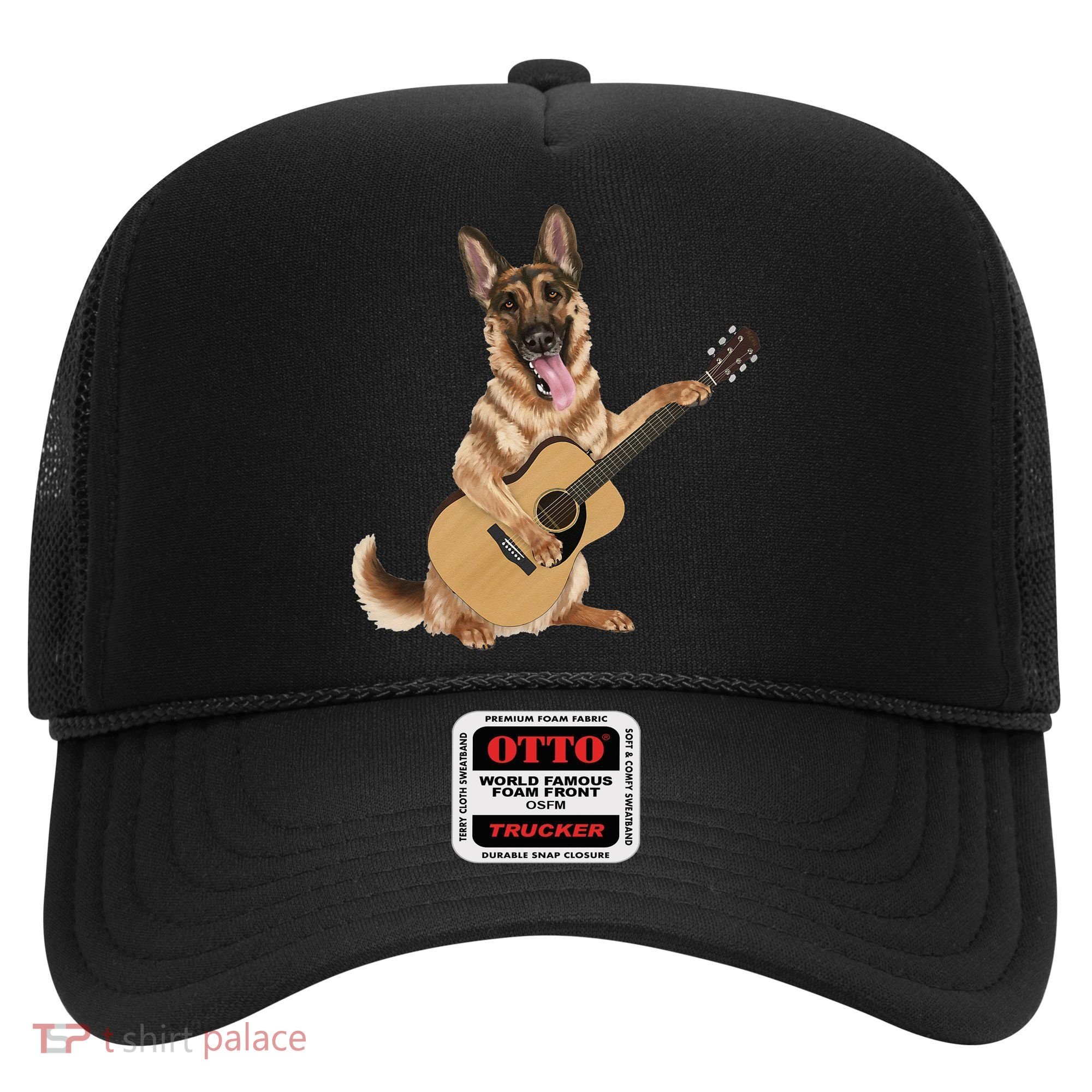 German Shepherd playing the acoustic guitar Hat