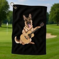 German Shepherd playing the acoustic guitar Golf Towel thumb 1