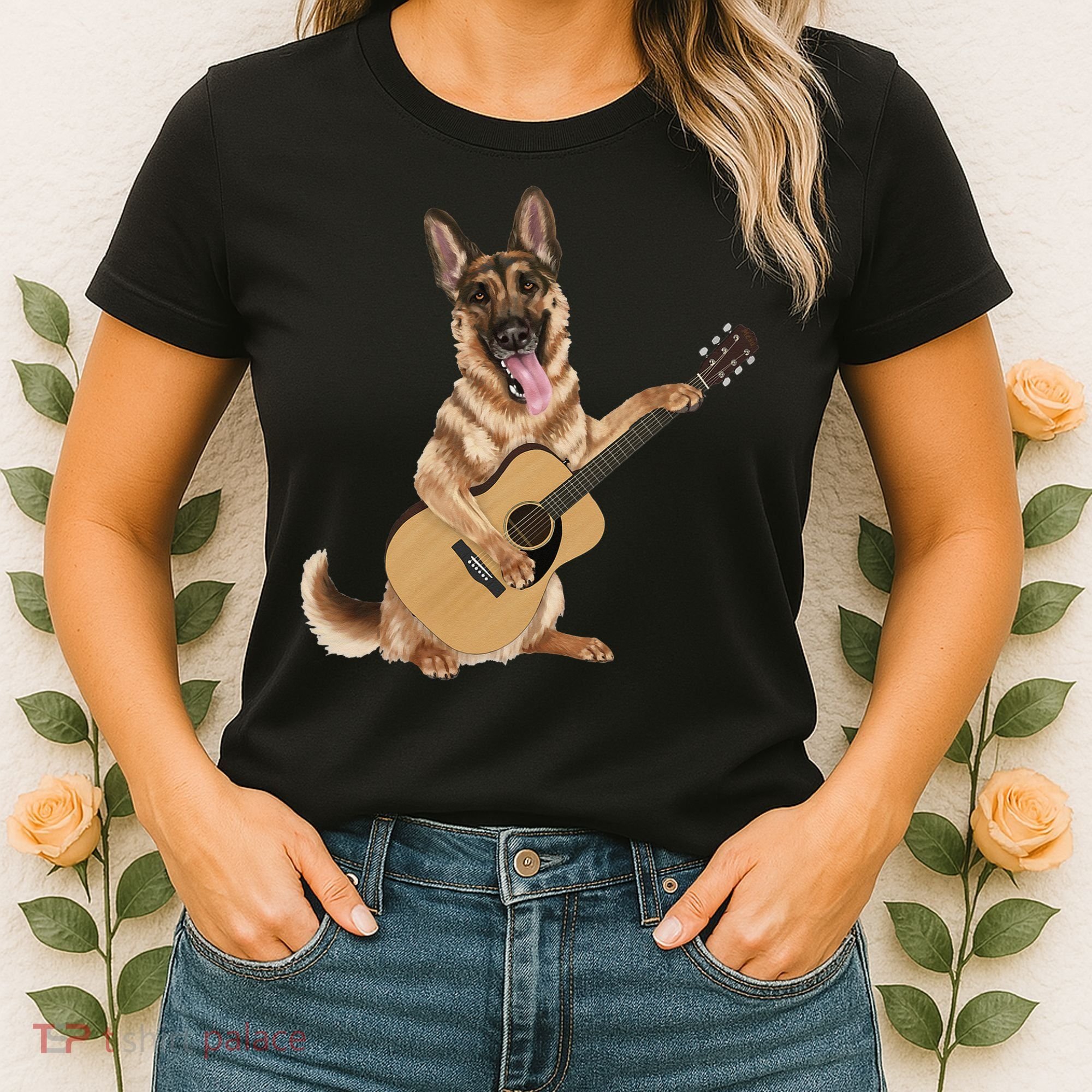 German Shepherd playing the acoustic guitar Women's T-Shirt