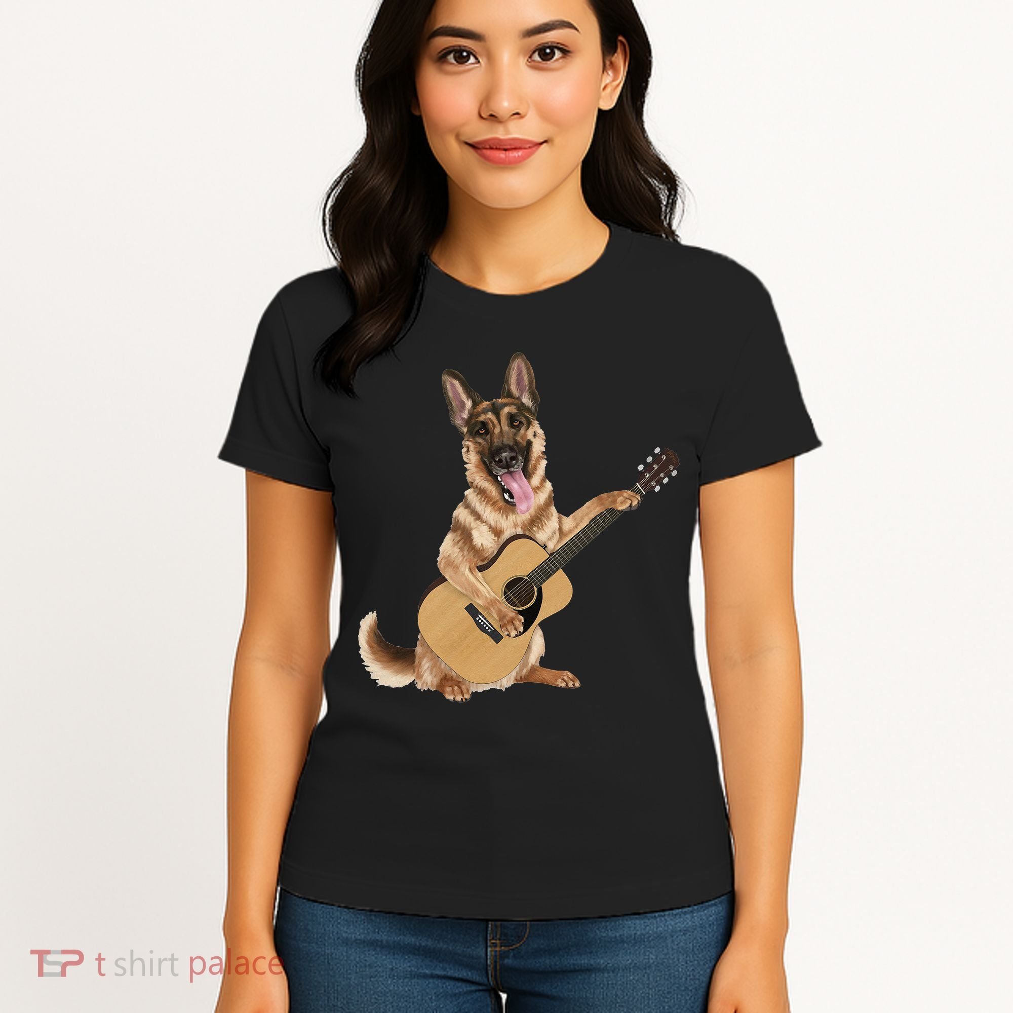German Shepherd playing the acoustic guitar Women's T-Shirt