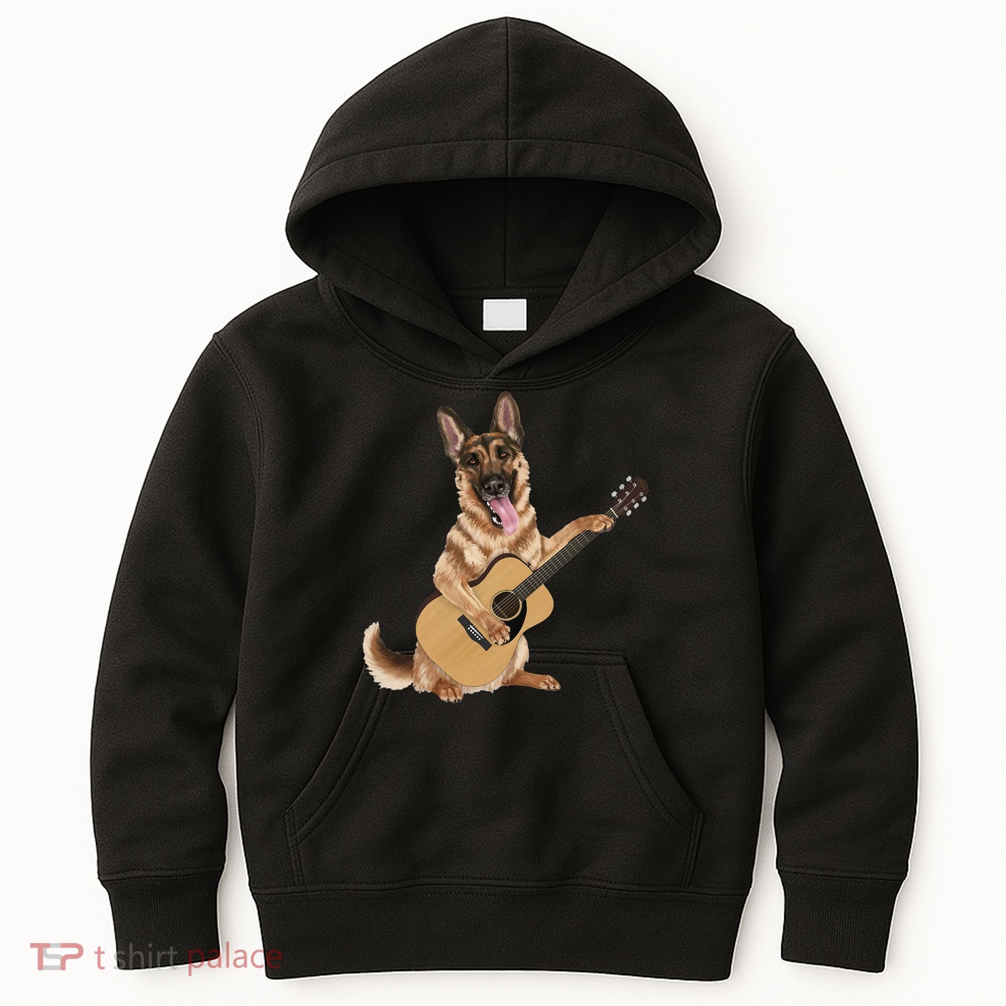 German Shepherd playing the acoustic guitar Kids Hoodie