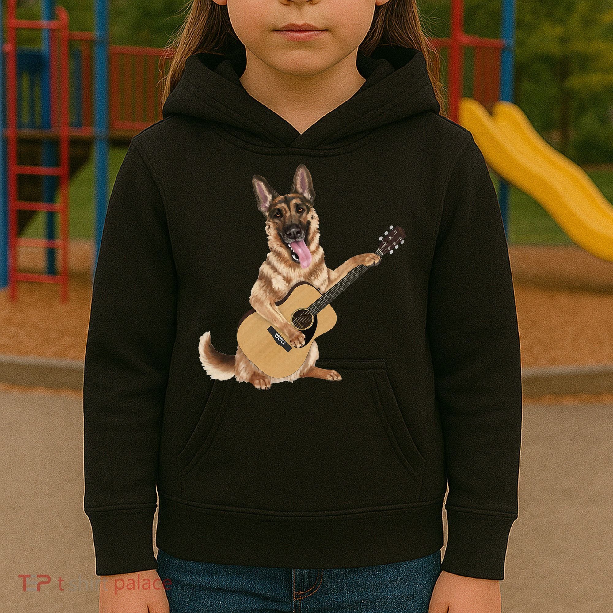 German Shepherd playing the acoustic guitar Kids Hoodie