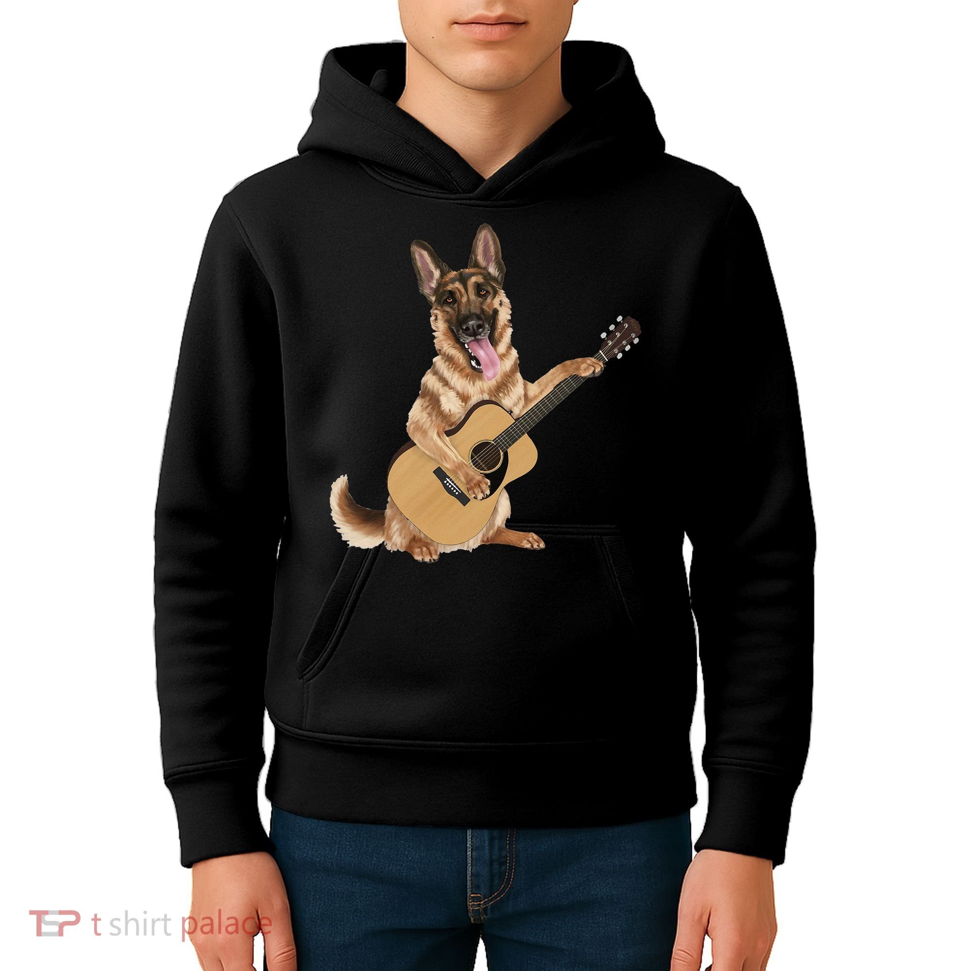German Shepherd playing the acoustic guitar Kids Hoodie