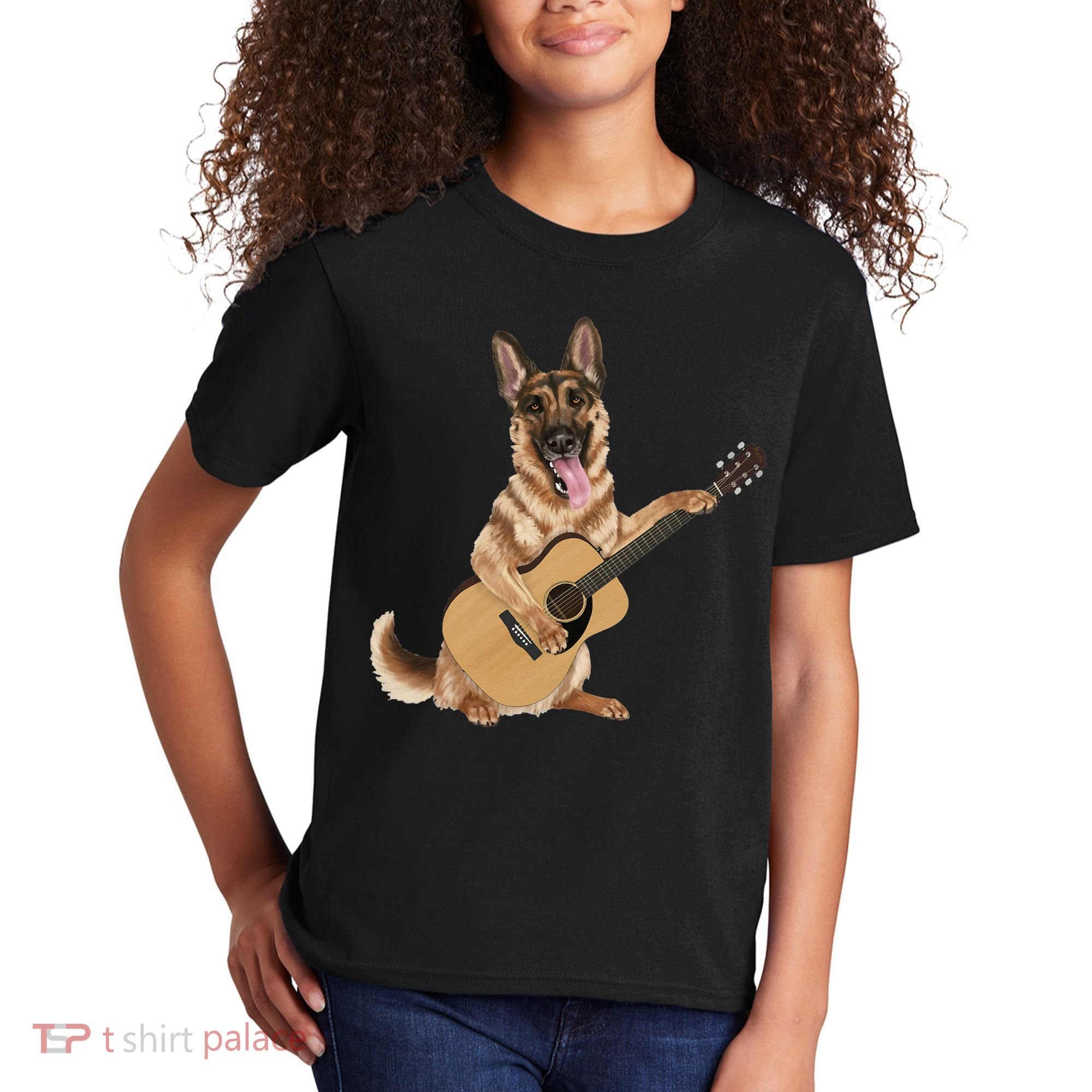 German Shepherd playing the acoustic guitar Kids T-Shirt