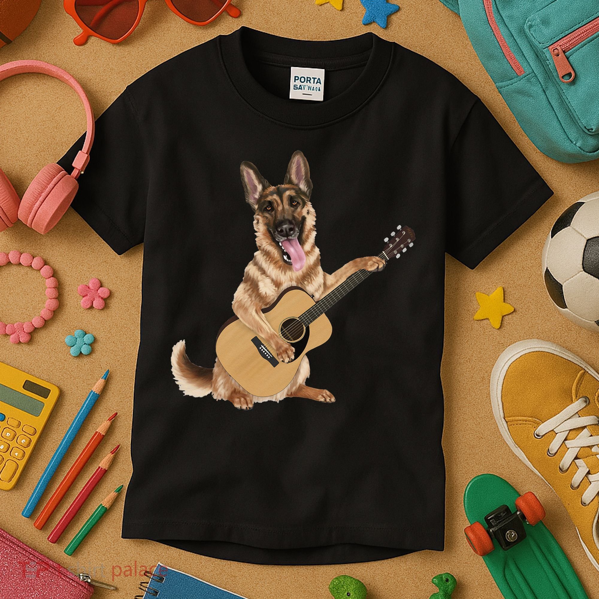 German Shepherd playing the acoustic guitar Kids T-Shirt