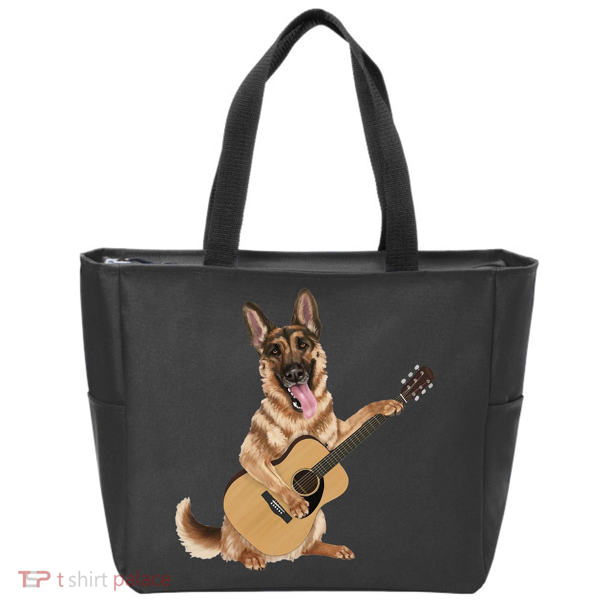 German Shepherd playing the acoustic guitar Tote Bag