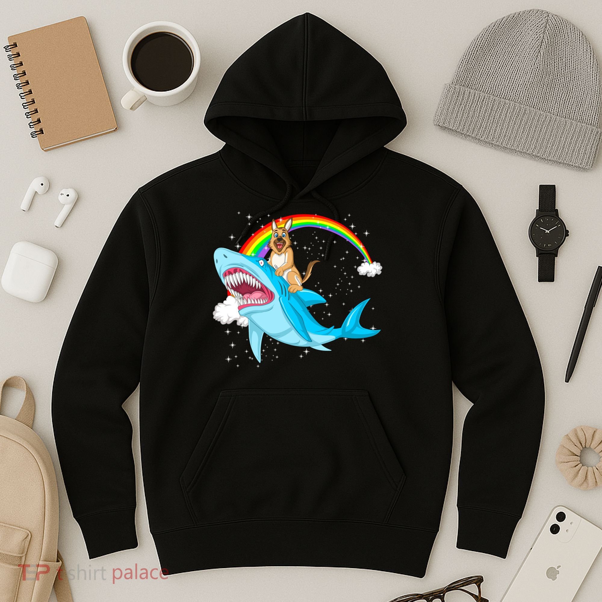 German Shepherd Riding Shark Hoodie