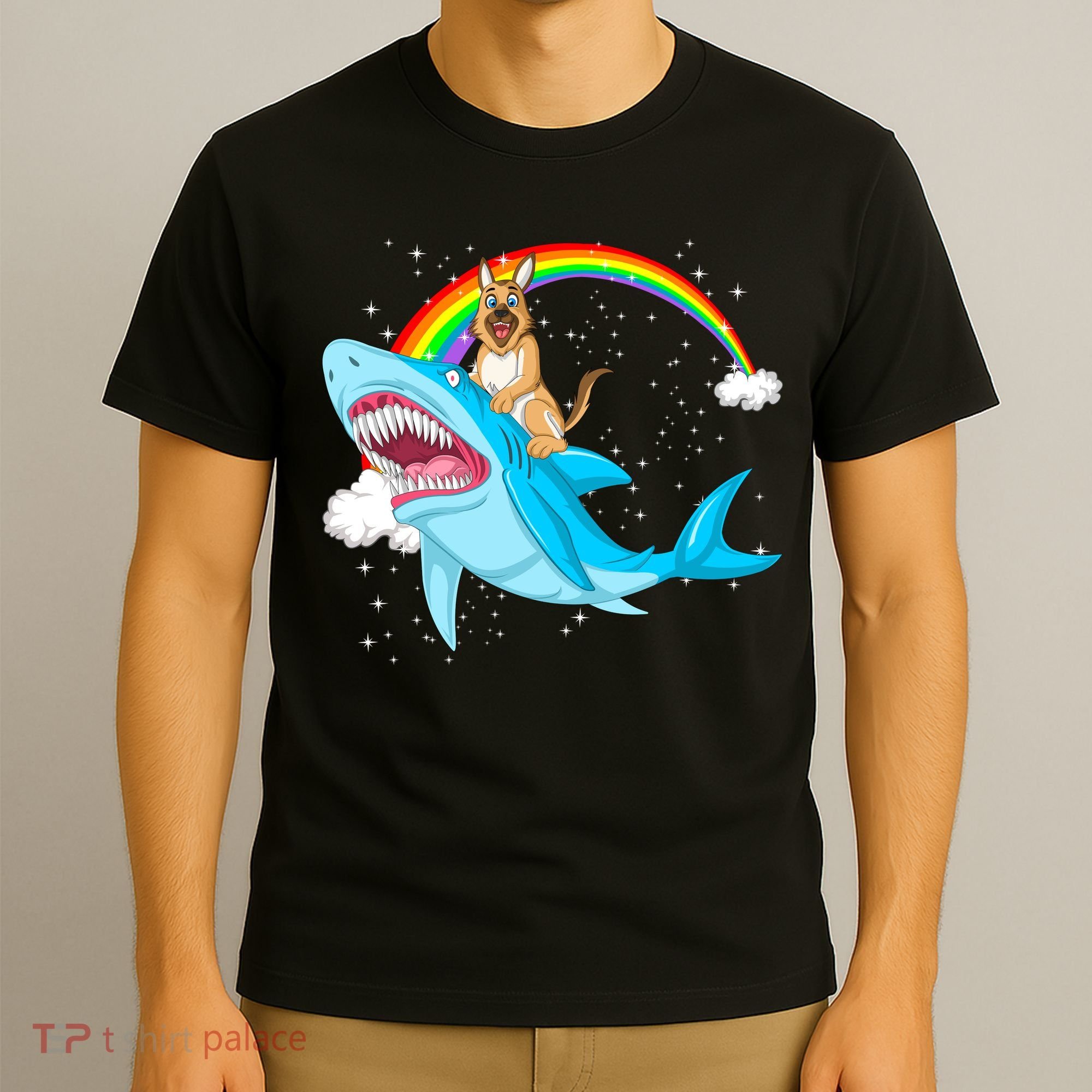 German Shepherd Riding Shark T-Shirt