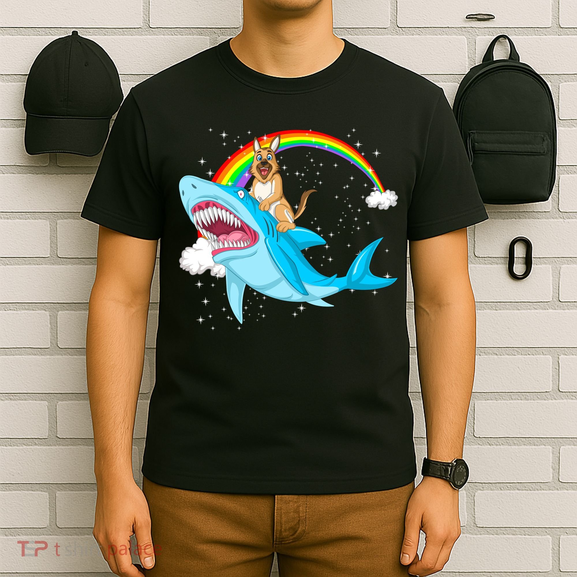 German Shepherd Riding Shark T-Shirt