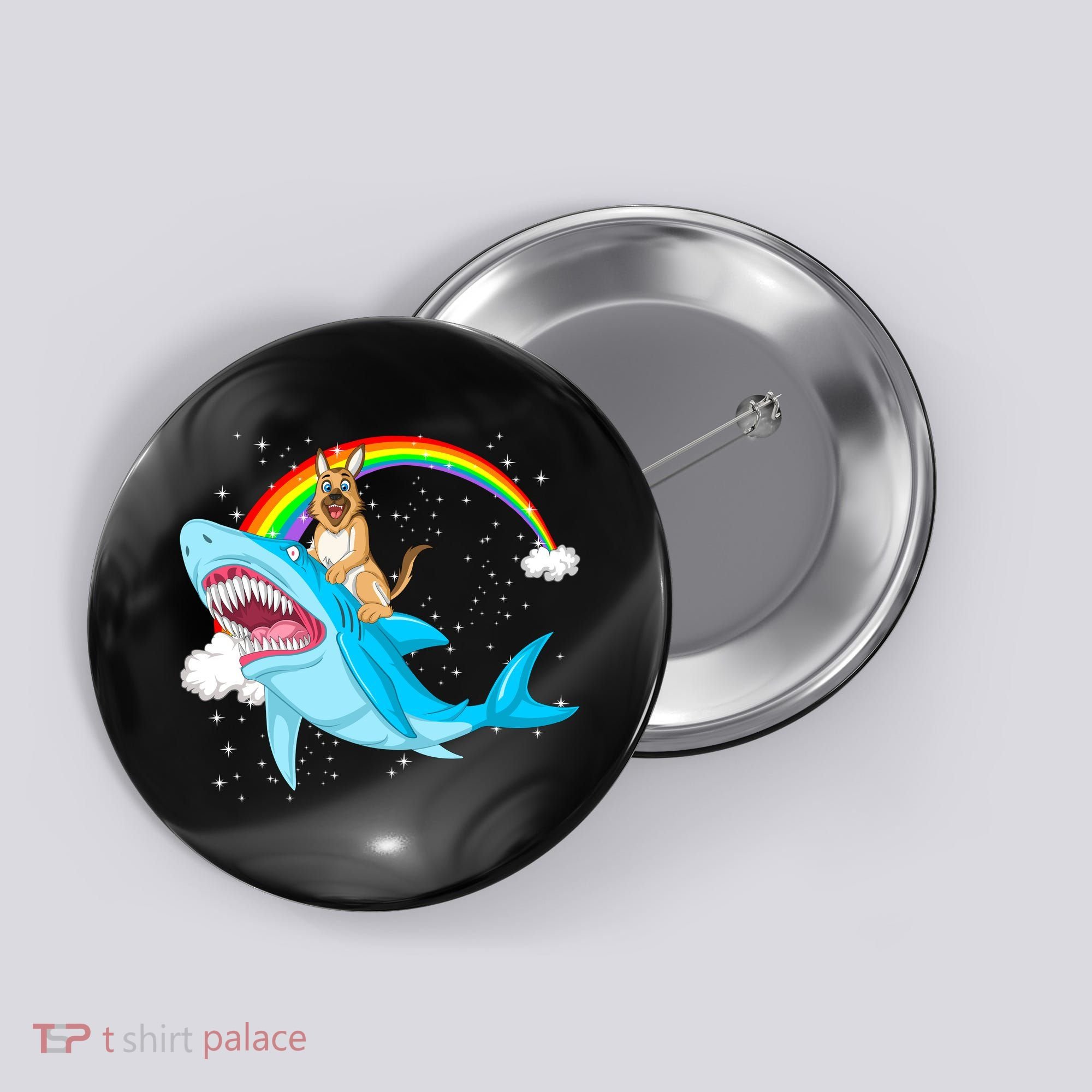 German Shepherd Riding Shark Button