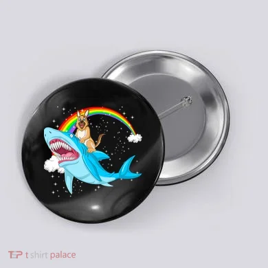 German Shepherd Riding Shark Button