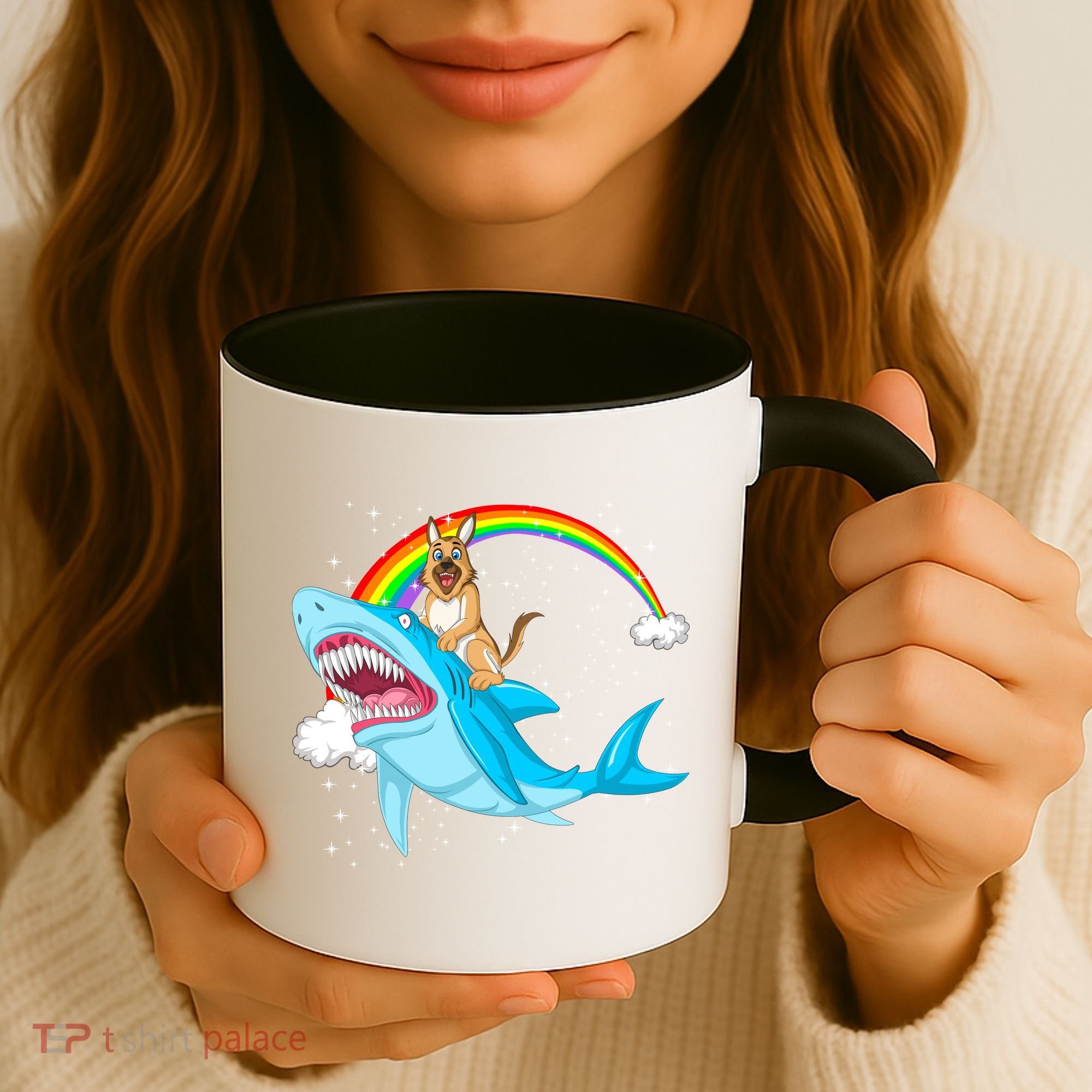 German Shepherd Riding Shark Coffee Mug