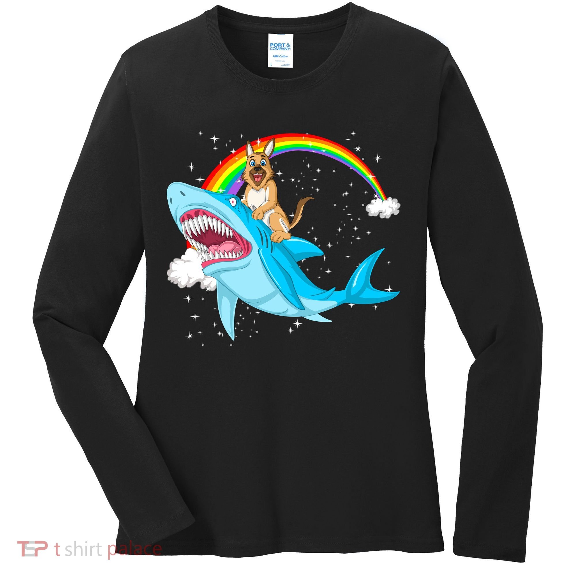German Shepherd Riding Shark Women's Long Sleeve Shirt