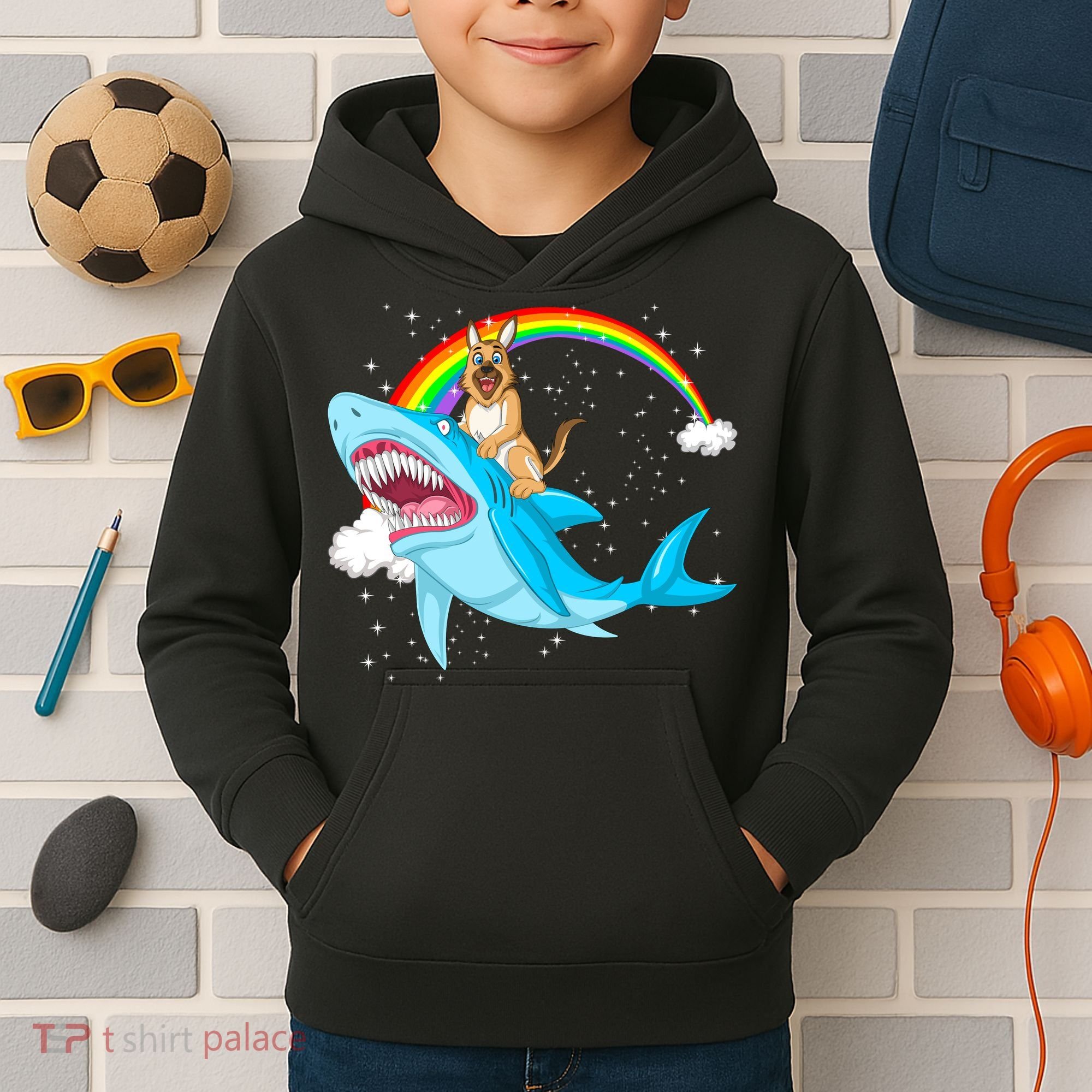 German Shepherd Riding Shark Kids Hoodie